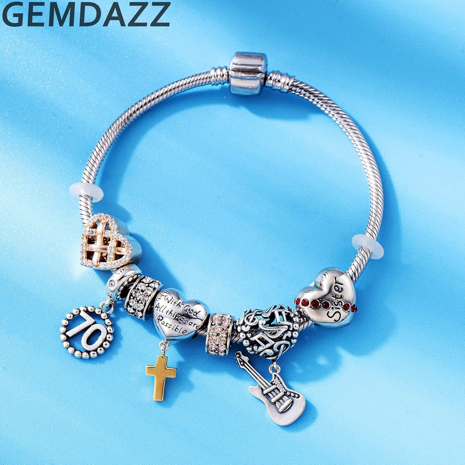 GEMDAZZ Music Guitar and Girl Sitting on Moon Charm Set in 925 Sterling Silver, Fit Bracelet, Birthday Gift for Sister/Daughter