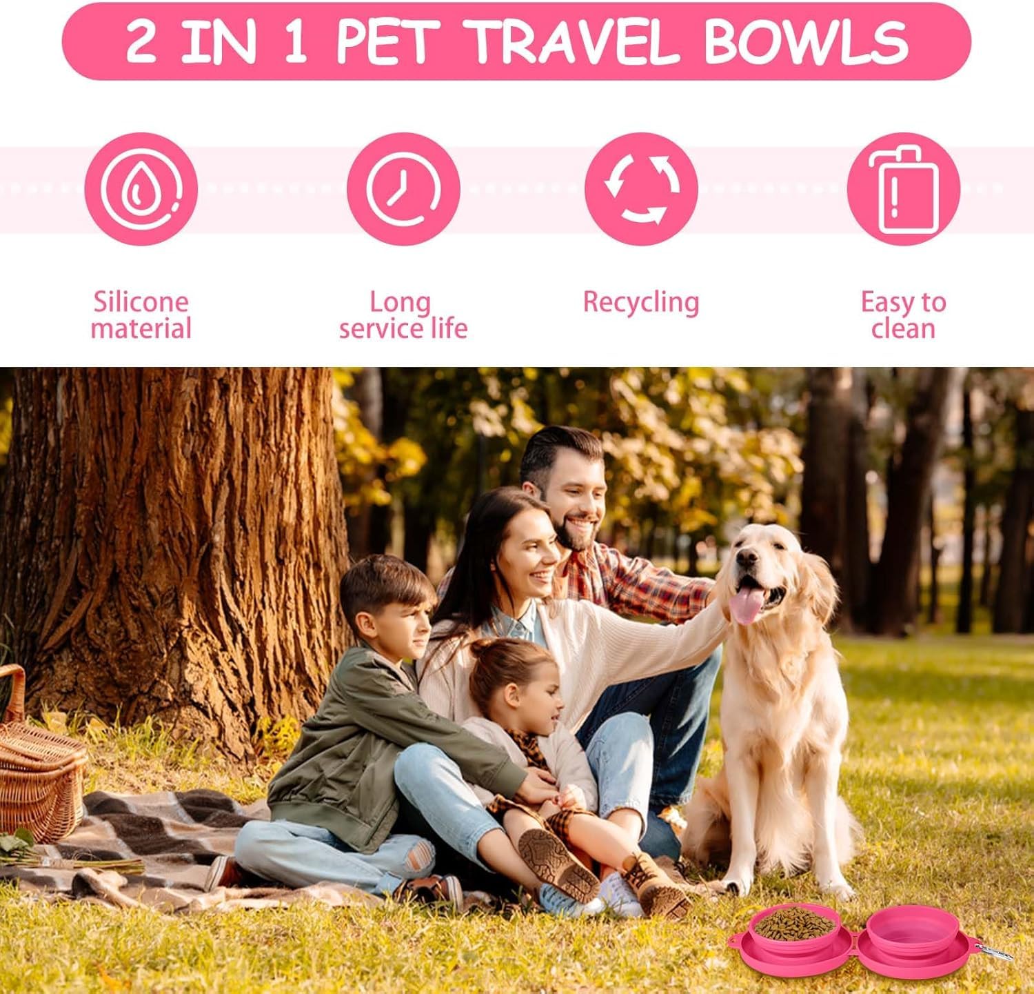 Gamelle à eau pliable 2 en 1 pour animal domestique - Gamelle portable avec mousqueton pour voyage, randonnée, camping, marche (rose)