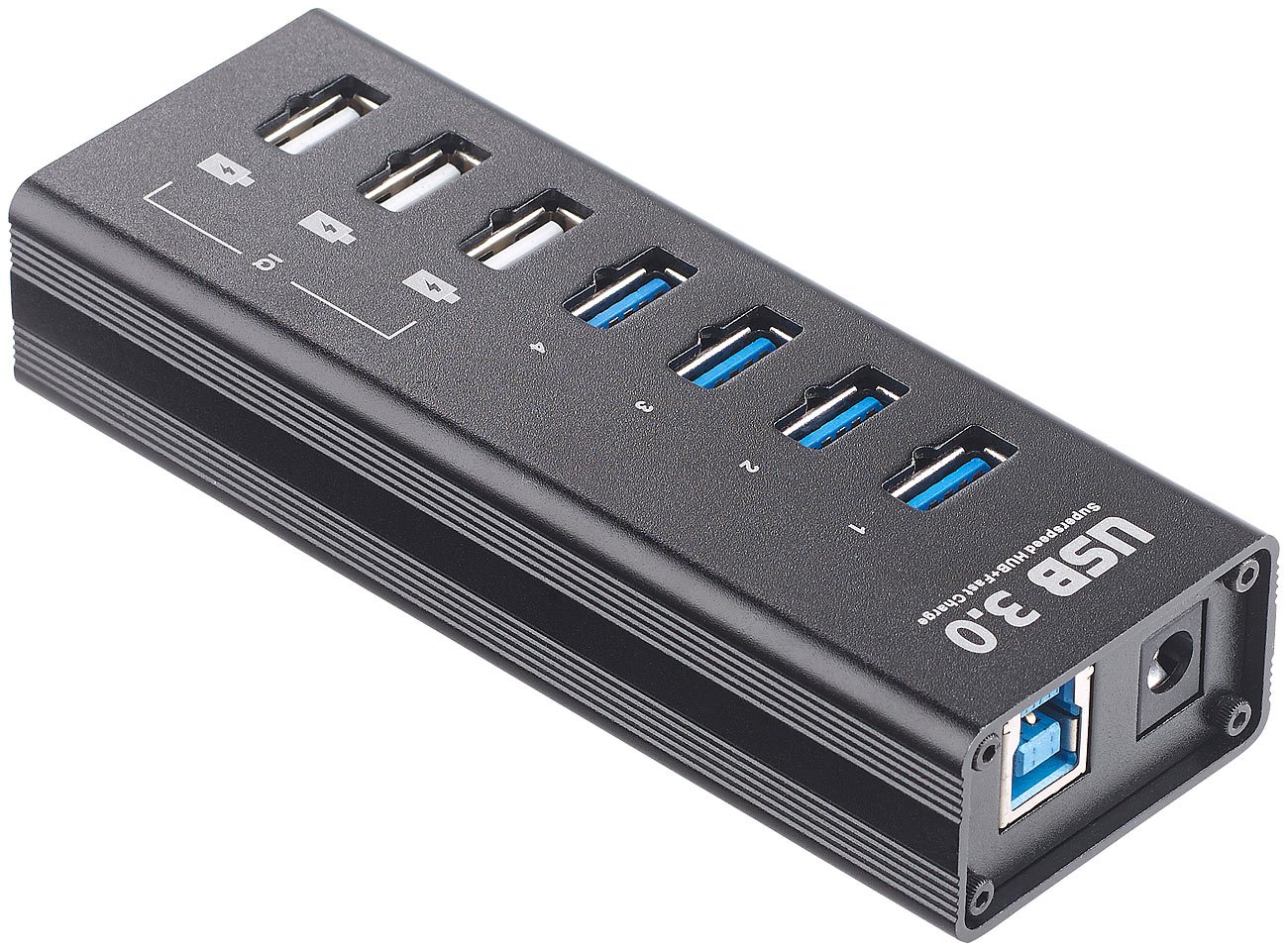 Aktywny hub USB 3.0 Xystec z 4 portami danych i 3 portami szybkiego ładowania BC 1.2, 5 Gbit/s, zasilacz 5 V/4 A