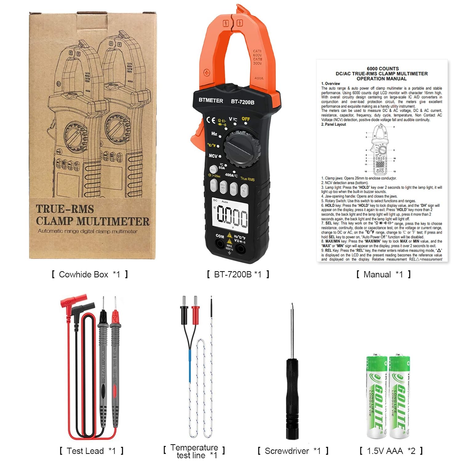 Contents of the BTMETER BT-7200B package including multimeter, test leads, temperature probe, screwdriver, batteries, and manual