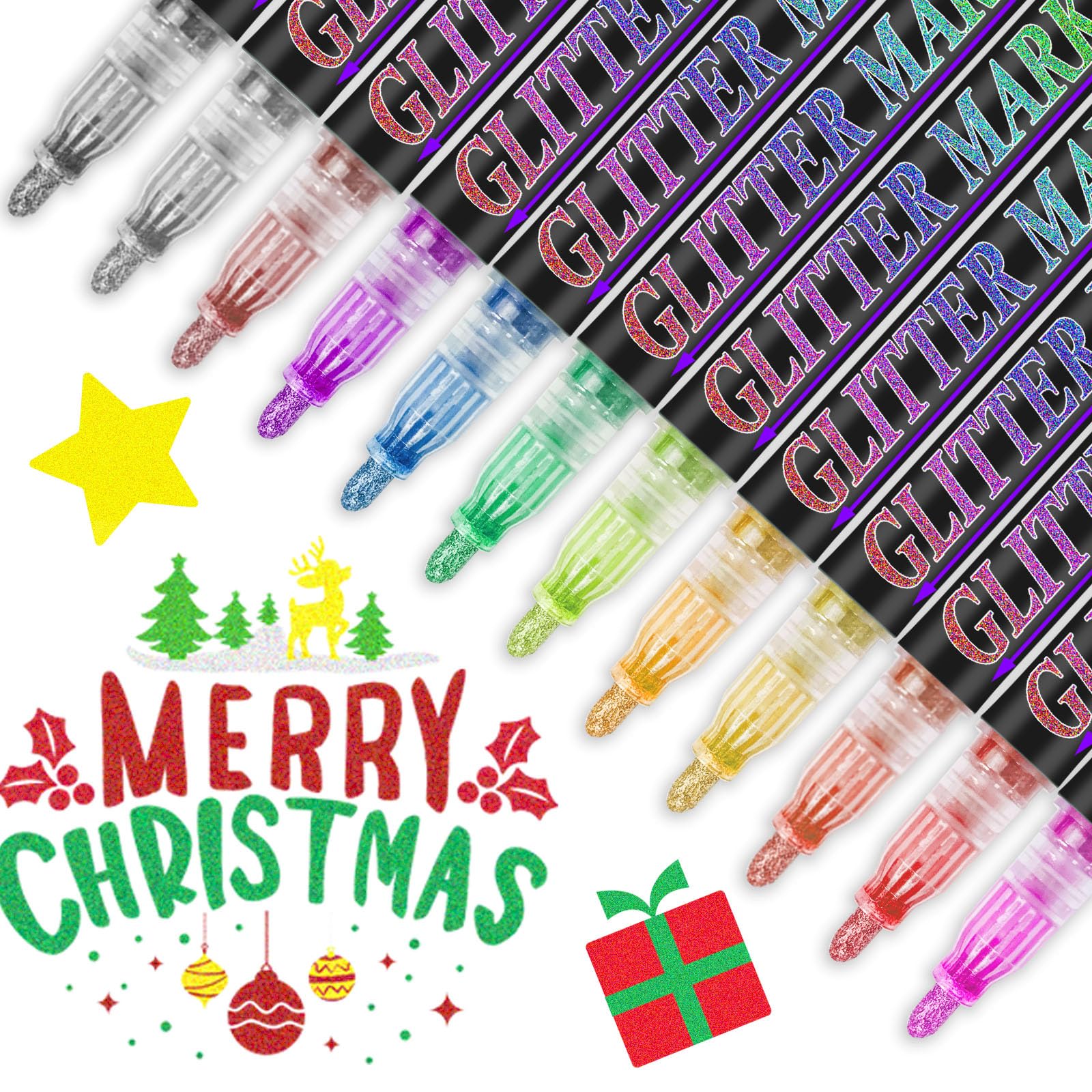 Glitter Marker Pens, 12 Colors Metallic Shimmer Glitter Markers Paint Pens, Glitter Art Marker for Kids Adults DIY Crafts Greeting Birthday Cards Making Poster Album Scrapbooking Wood