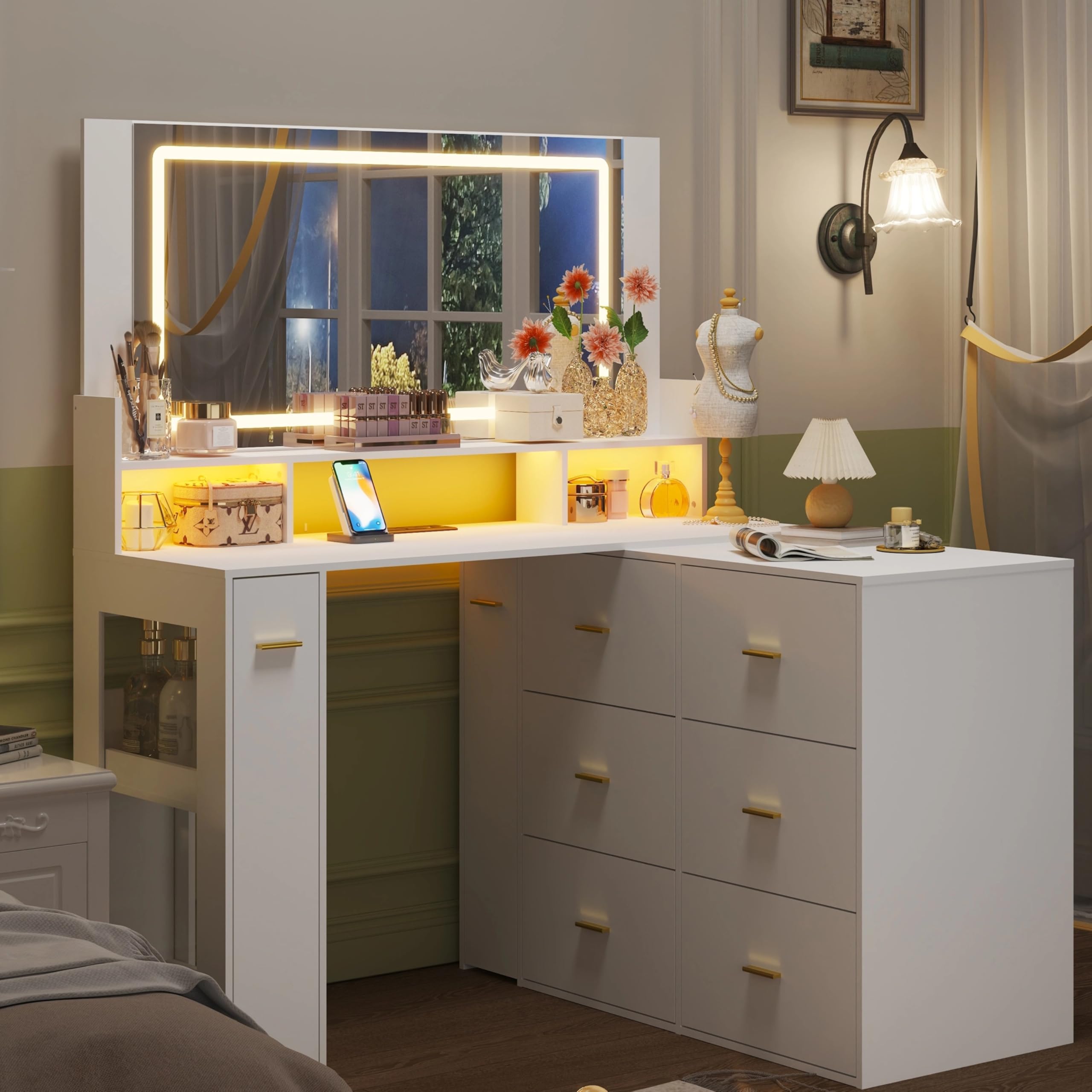 Makeup Vanity Desk with Mirror and Lights & Charging Station, White Vanity Table with 6 Drawers Dresser, Big Makeup Desk with 3 Lighting Modes, Corner Vanity with Storage, L Shape Change, Broken glass