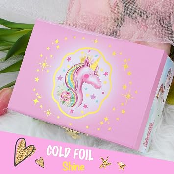 Music Jewellery Box with Necklace Bracelet, Musical Jewelry Storage Case with Spinning Unicorn Gift Set for Kids Girls Children Daughter (ShinyPink-Horse)