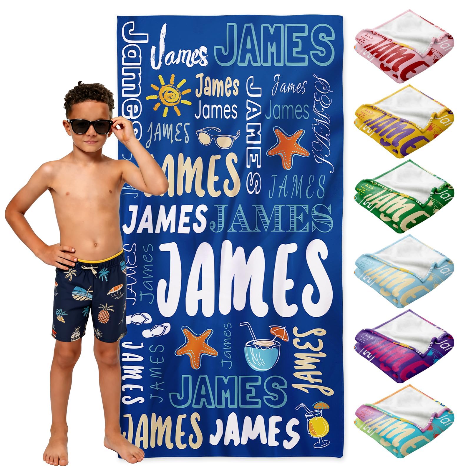 Loosusu Personalised Beach Towels for Kids - Custom Beach Towels with Monogram & Name- Multiple Colors Swimming Towels for Kids,Customised Bath/Pool/Beach Towel for Boys Girls(Style3)