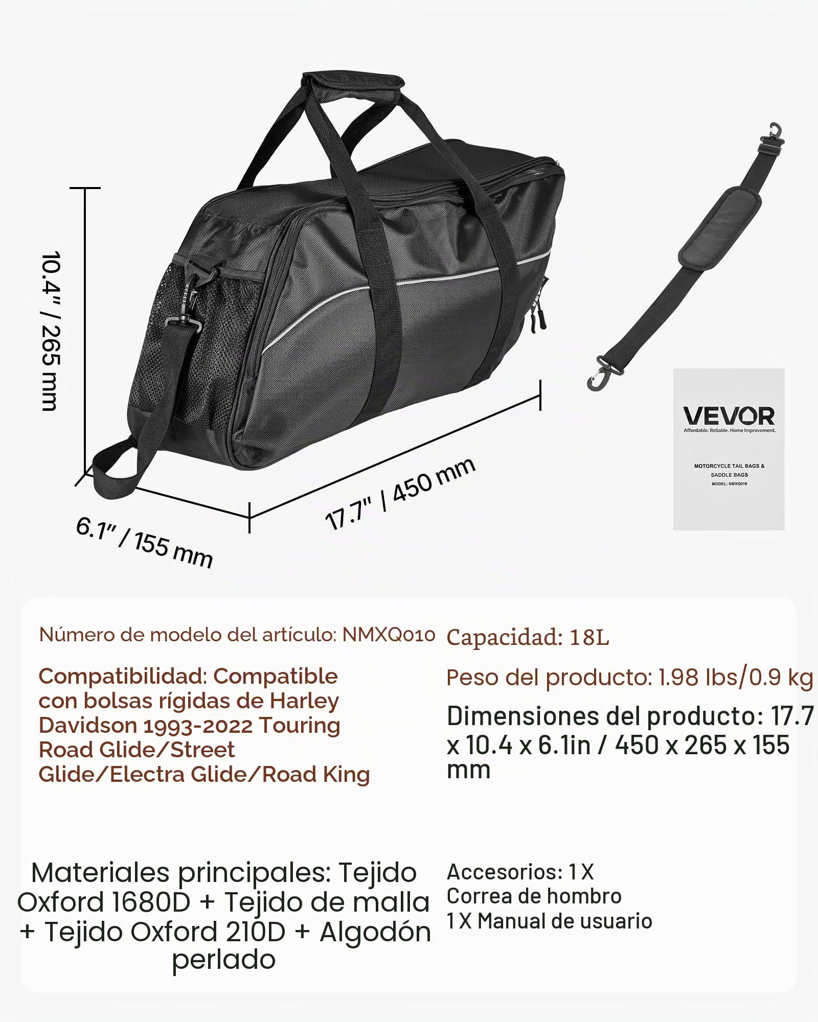 VEVOR Bolsa Interior para Alforja de Motocicleta de 18 L, para Equipaje de Viaje, Compatible con Harley Davidson Touring Road/Street Glide/Electra Glide/Road King 1993-2022, 450 x 265 x 155 mm