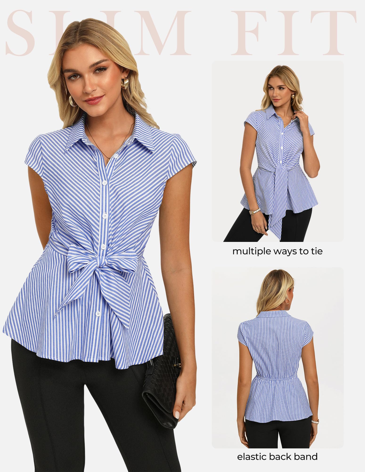 GRACE KARIN Blusa a rayas para mujer, de algodón peplum, elegante, informal, para oficina, trabajo, con lazo frontal, manga casquillo, túnica