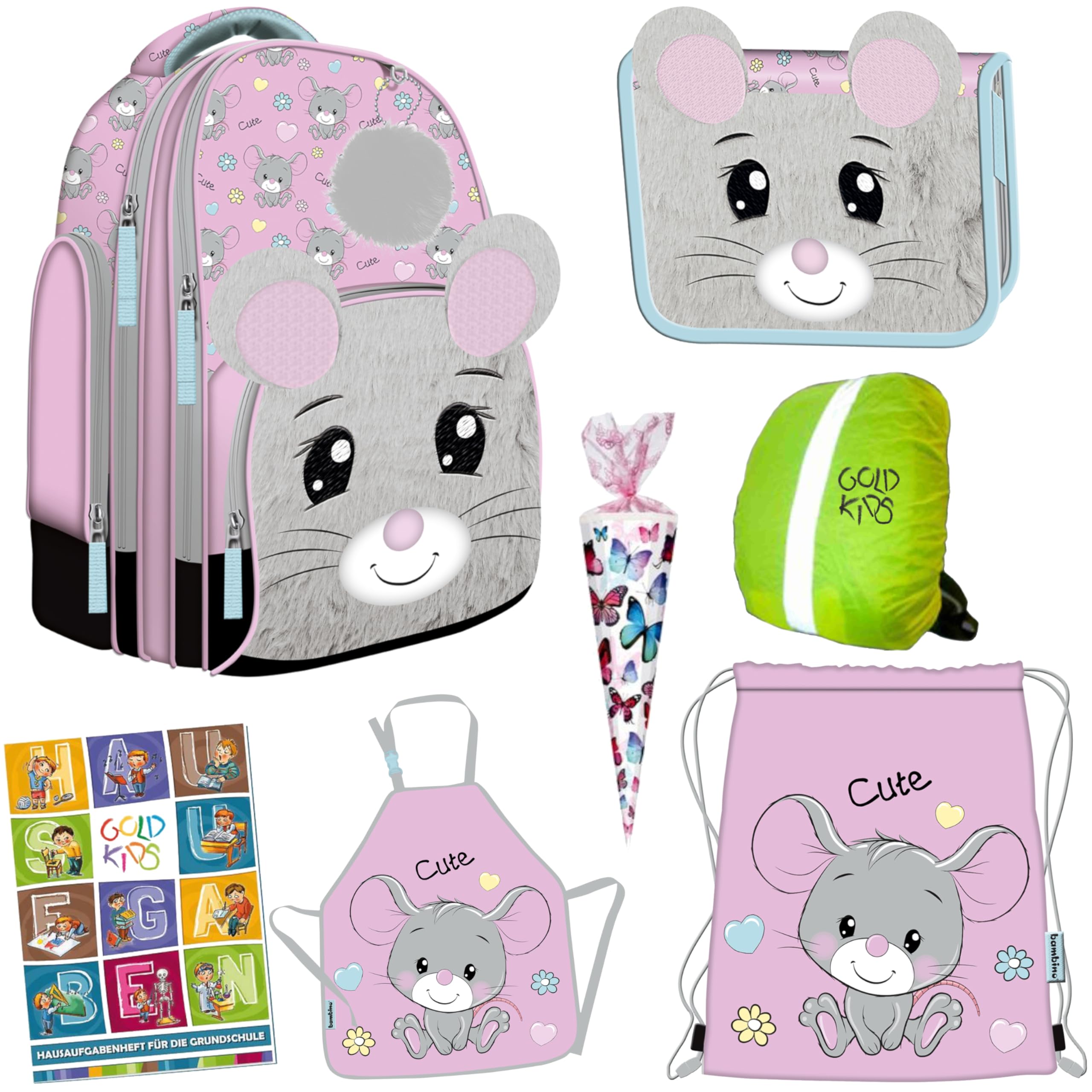 Goldkids - Mochila Escolar para niños y niñas - Mochila Escolar para niños con Estuche - Bolsa para Zapatos y Cuaderno de tareas - Motivo de ratón - 1-3 Clase