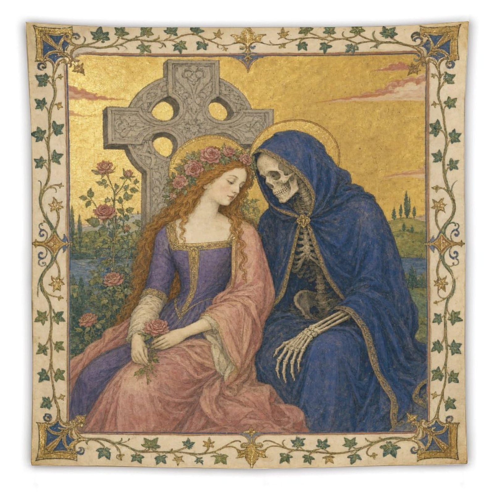 Woman and Skeleton Wall Tapestry, Fantasy Illustration, Rose Garden