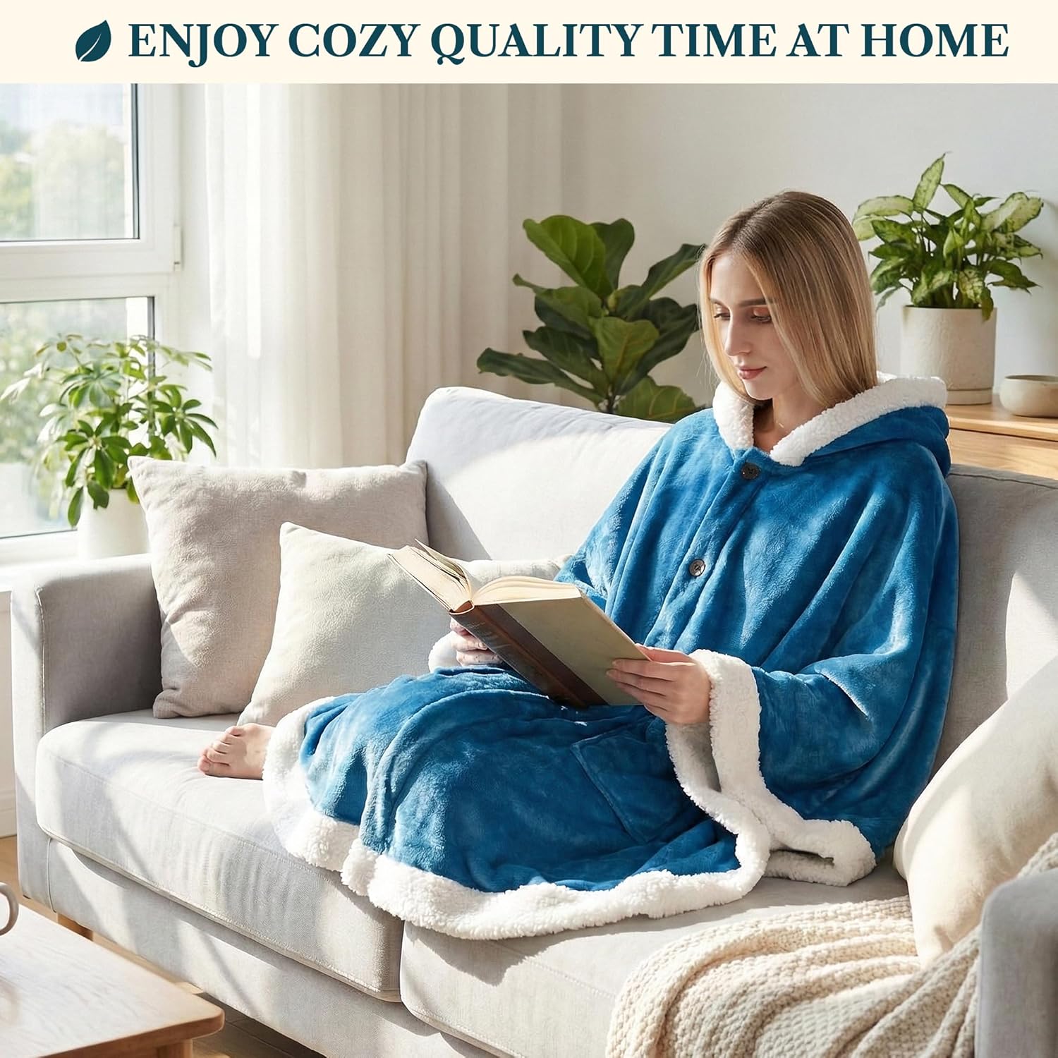 PAVILIA Sherpa Fleece Wearable Blanket for Adult Women, Cozy Plush Blanket Poncho Cape with Hood, Super Soft Shawl, Angel Wrap Throw for Office, Turquoise Sea Blue - Image 4