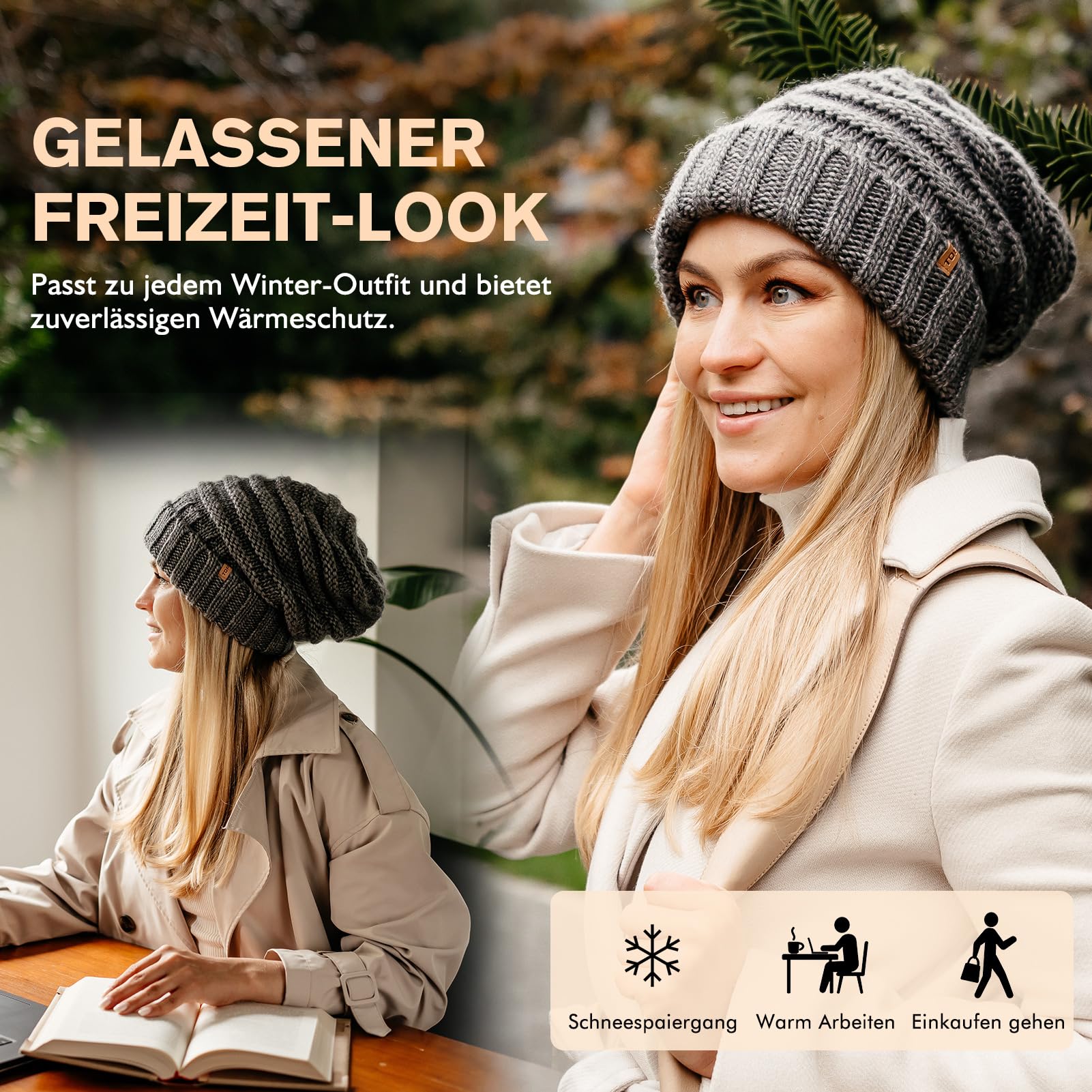 TOP-EX M/L/XL 100% wełna Slouch Beanie damska ciepła czapka zimowa czapka dzianinowa z podszewką polarową
