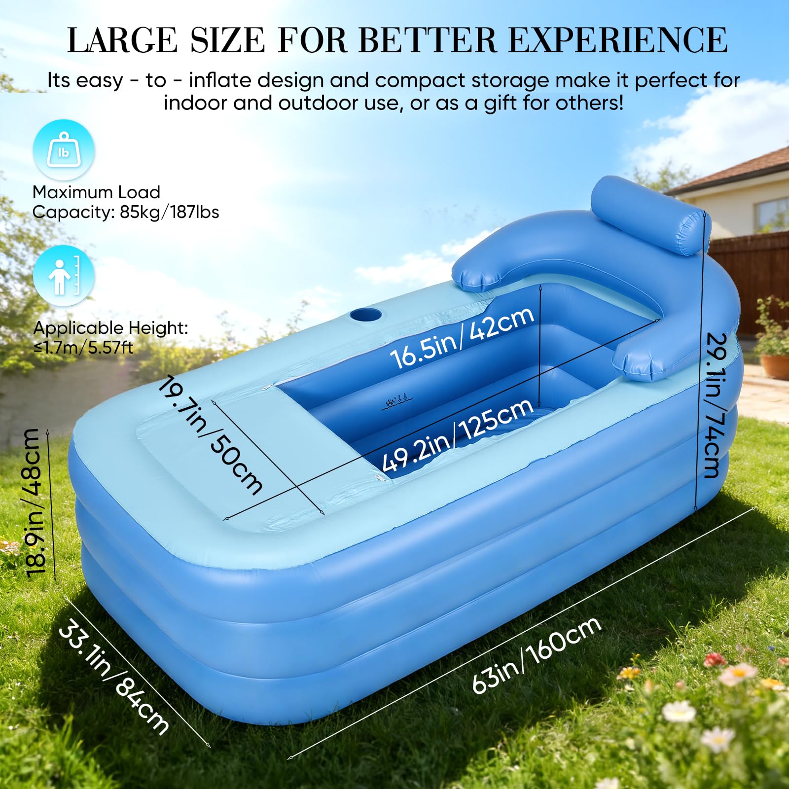 Vasca Bagno Gonfiabile, XL 160x84x74Cm Vasca Bagno Portatile Pieghevole asca Bagno Mobile Pieghevole Per Adulti Con Cuscino Supporto Per Schiena Include Portabevande Per Spa Ghiaccio Campeggio