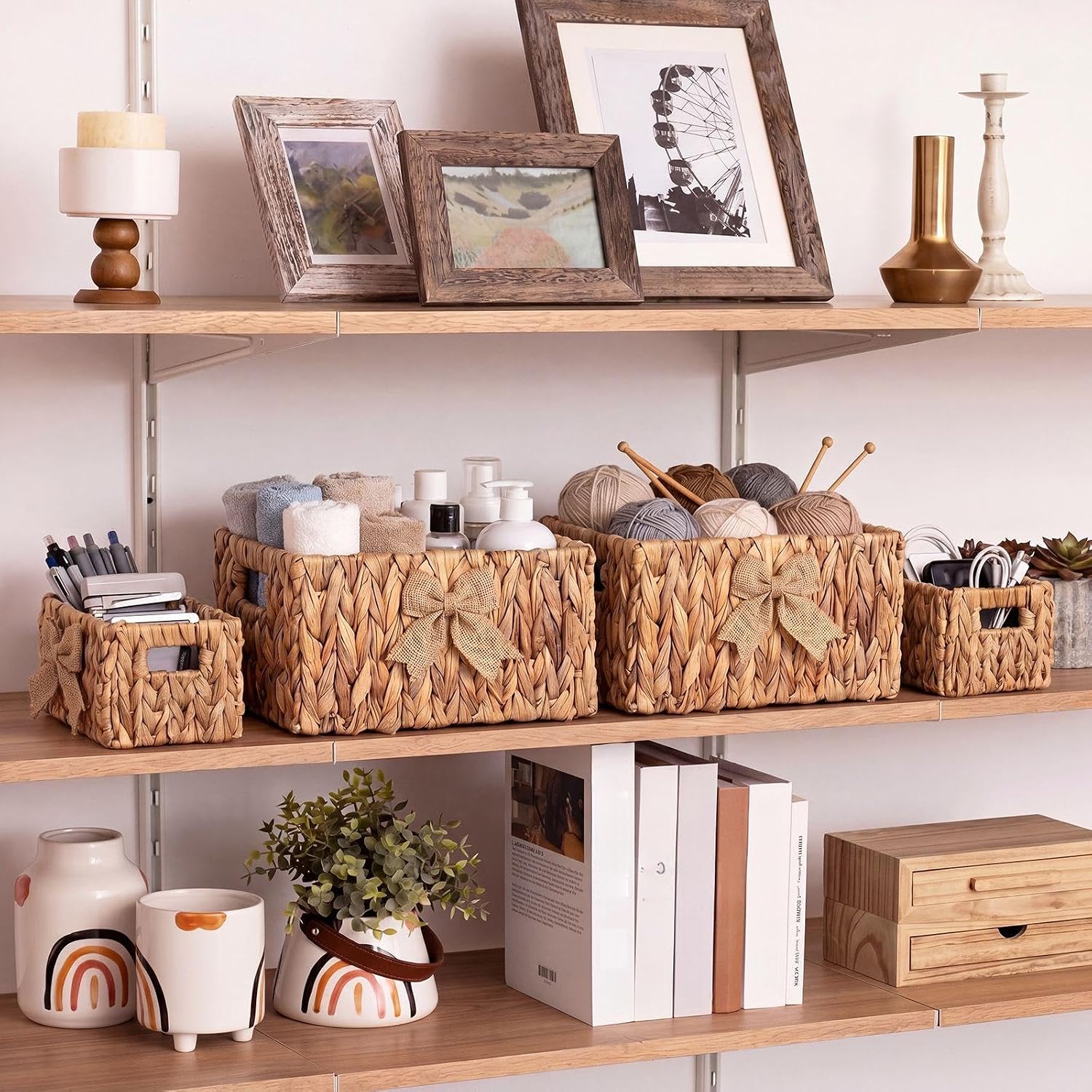 Colingmill 4pcs Bow Wicker Basket, Water Hyacinth Shelves Baskets, Nested Storage Basket with Built-in Handles for Organizing and Decor, 12.4” L x 8.4” W x 7.2”h and 12” L x 7.2” W x 6.4”h