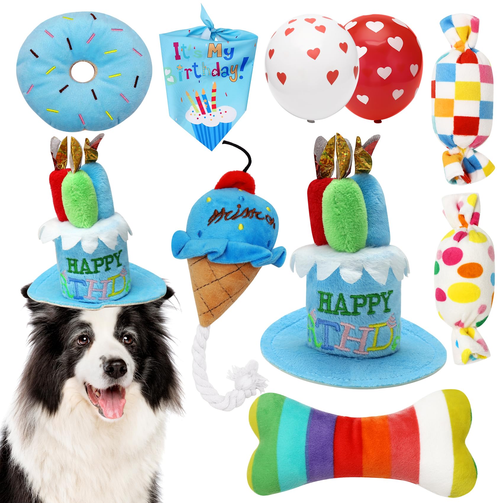 Jouets d'anniversaire pour chien : kit fête complet avec chapeau et peluches
