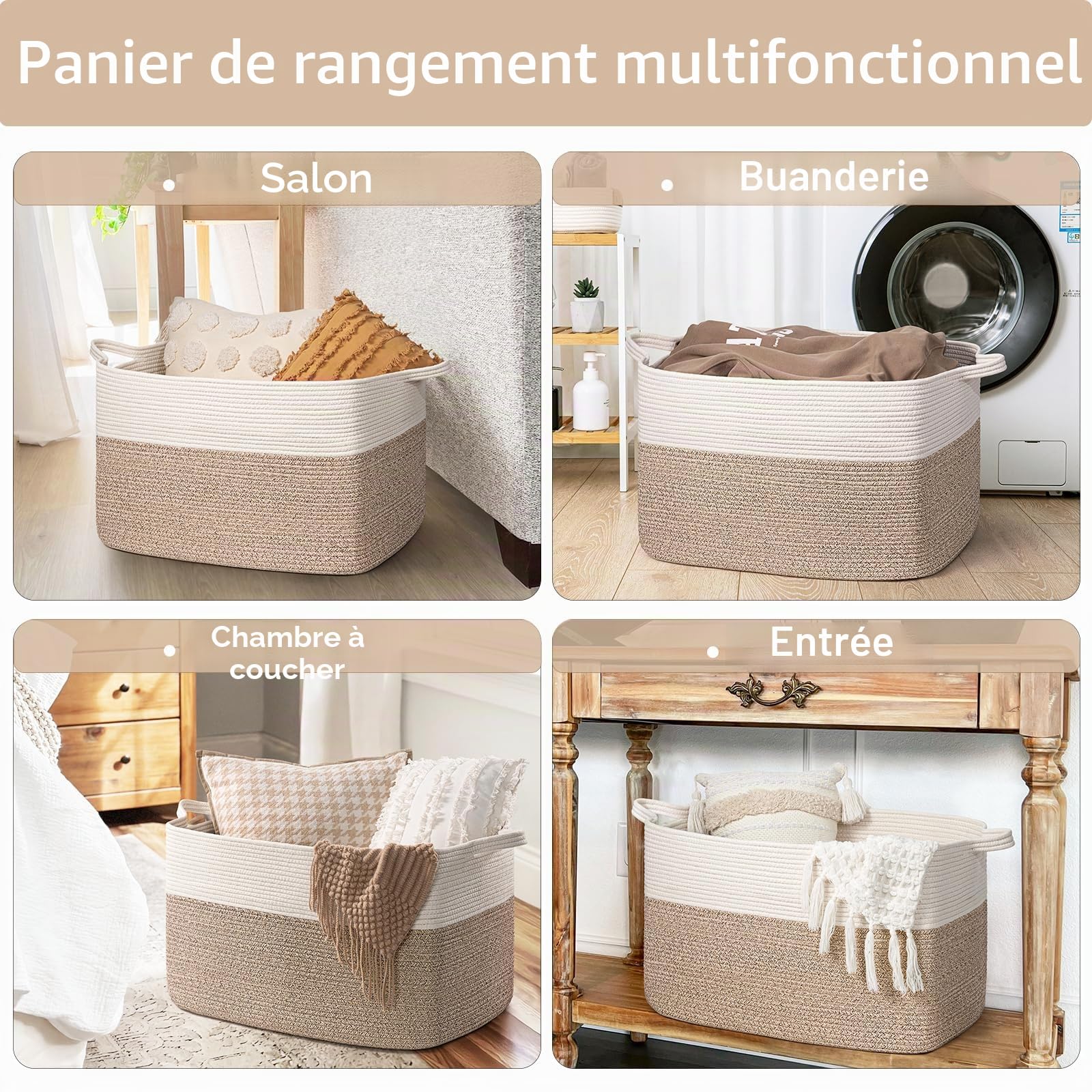 TIMEYARD Panier à linge rectangulaire - 85 l - Panier de rangement pour jouets de bébé - Panier de rangement pour couvertures, coussins, serviettes d'invités - Blanc et marron
