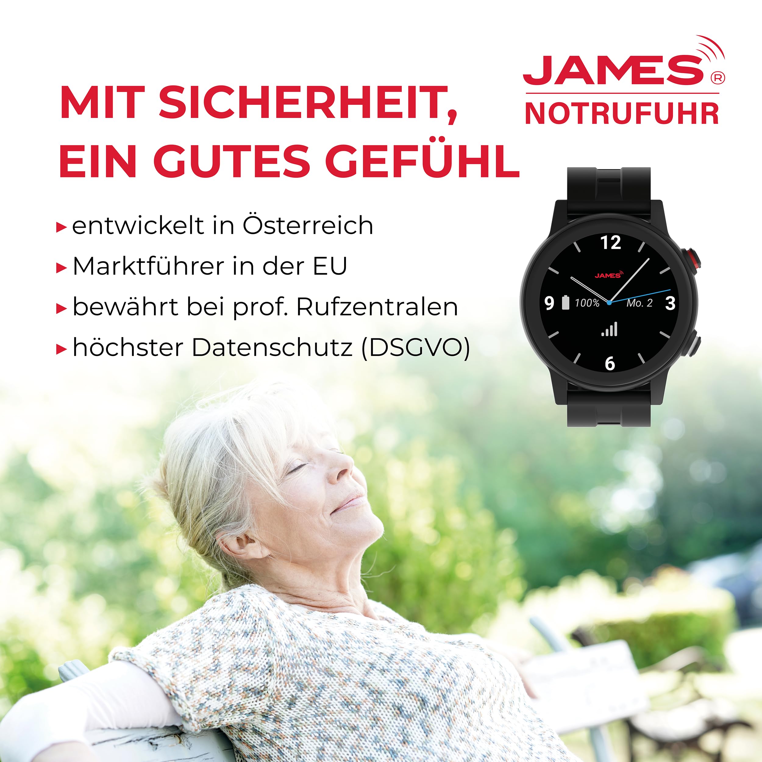 James R9 (schwarz) Notruf– GPS Ortung, Sturzerkennung, Notrufknopf, Gesundheitsfunktionen & Familien-App inkl. SIM (Schwarz, R9)