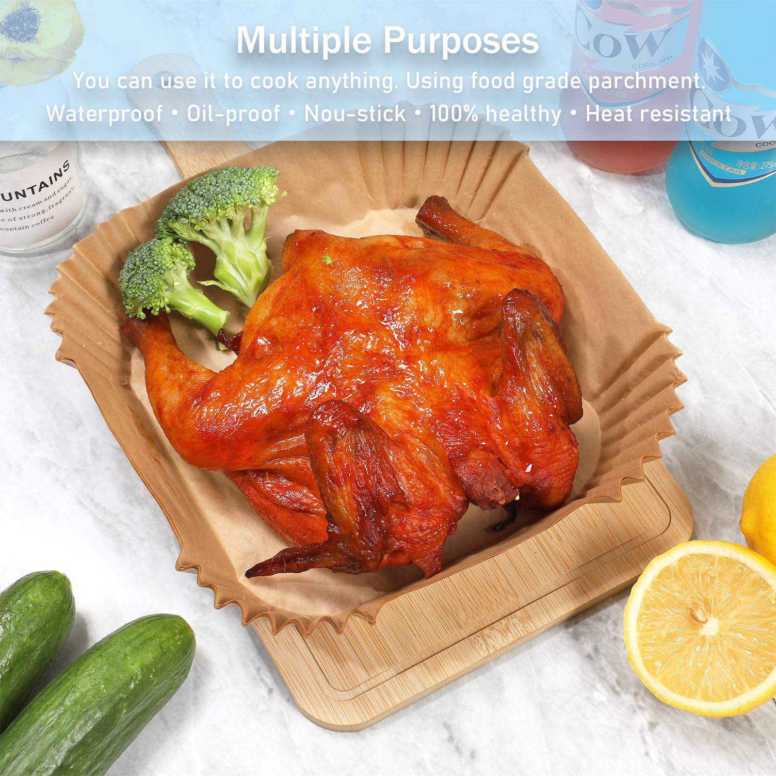 200 Stück Luftfritteusen-Papiereinlagen, Einweg-Papiereinlagen, antihaftbeschichtet, für 4–8 QT Luftfritteusenkorb, ölbeständig, wasserdicht, Backpapier, Braten, Mikrowelle (quadratisch, 20,3 cm)