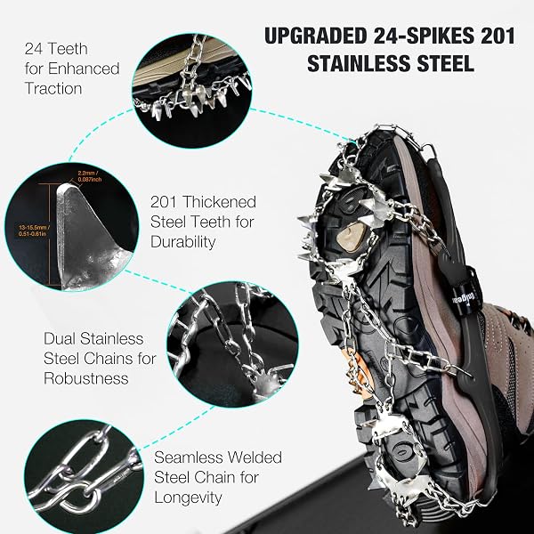 Unigear Ramponi da Ghiaccio per Scarponi 24 Denti 201 Copertura in Acciaio con Catene in Acciaio Inossidabile per Camminare su Neve e Ghiaccio - 2