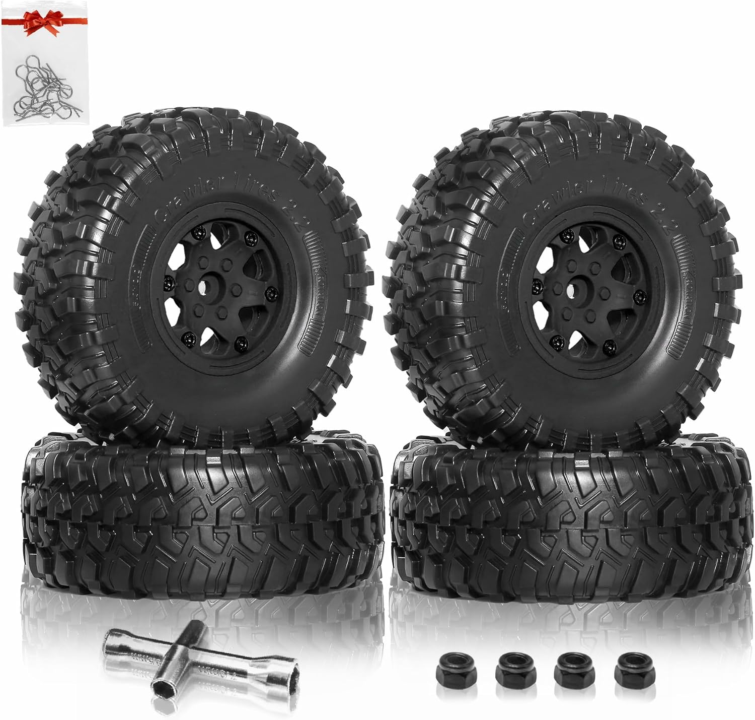 REDSPIDER 2.2 Beadlock Wheels and Tires（4pcs）Plastic wheels with lightweight design，All terrain tires.for 1:10 RC Axial SCX10 Canyon Trail 105Rims TRX4 TRX6(Black)