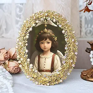 ZIYOO Luxury 3.5x5 Oval Crystal Embellished Gold Picture Frame –Vintage Decorative Frame for Tabletop Display&Home Decor&Gift