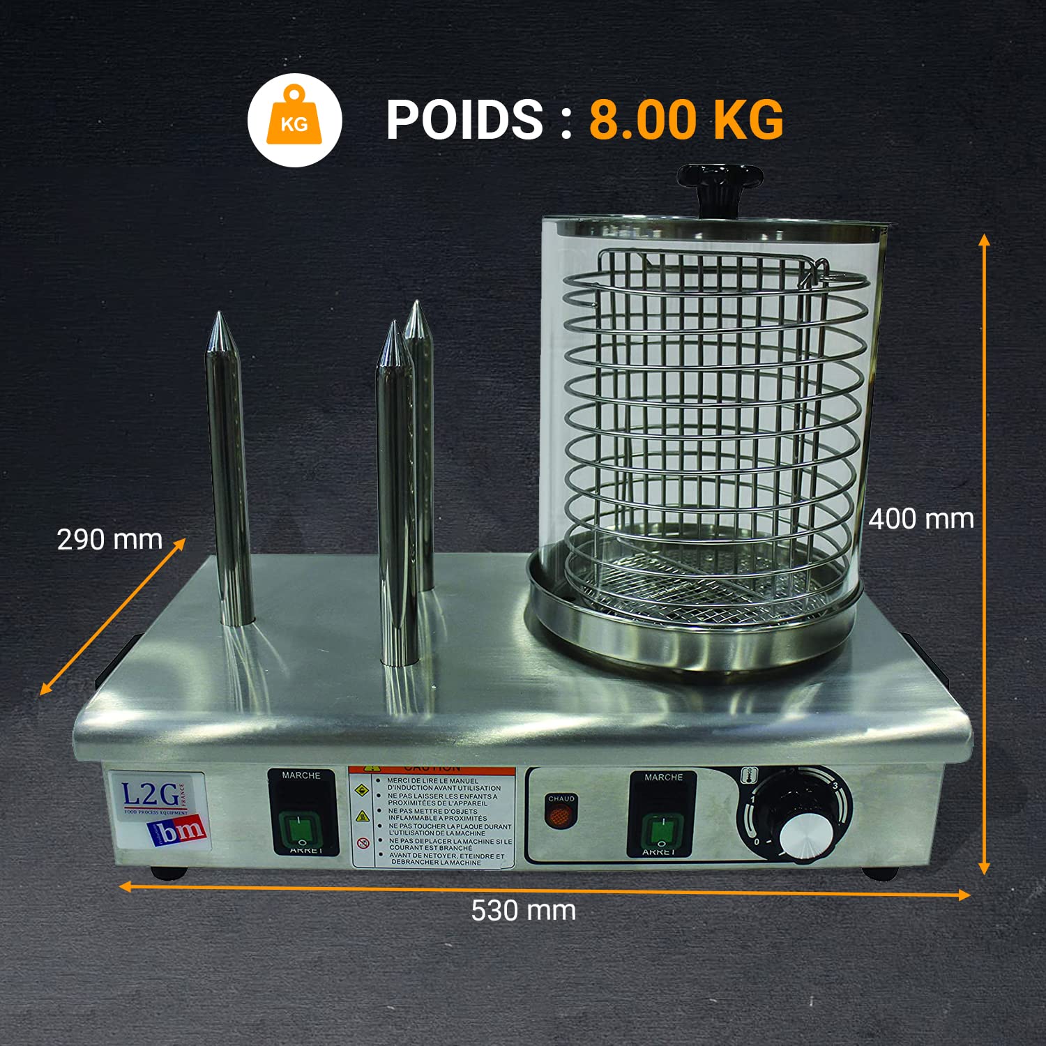 L2G -Chauffe-Saucisse Électrique - Machine à Hot Dog en Inox - Bocal Avec Grille Intérieure Inox Ø20 cm - 3 Plots Chauffants pour Pain à Hot Dog - Thermostat 0/110°C - l.29 x L.53 x H.40 cm