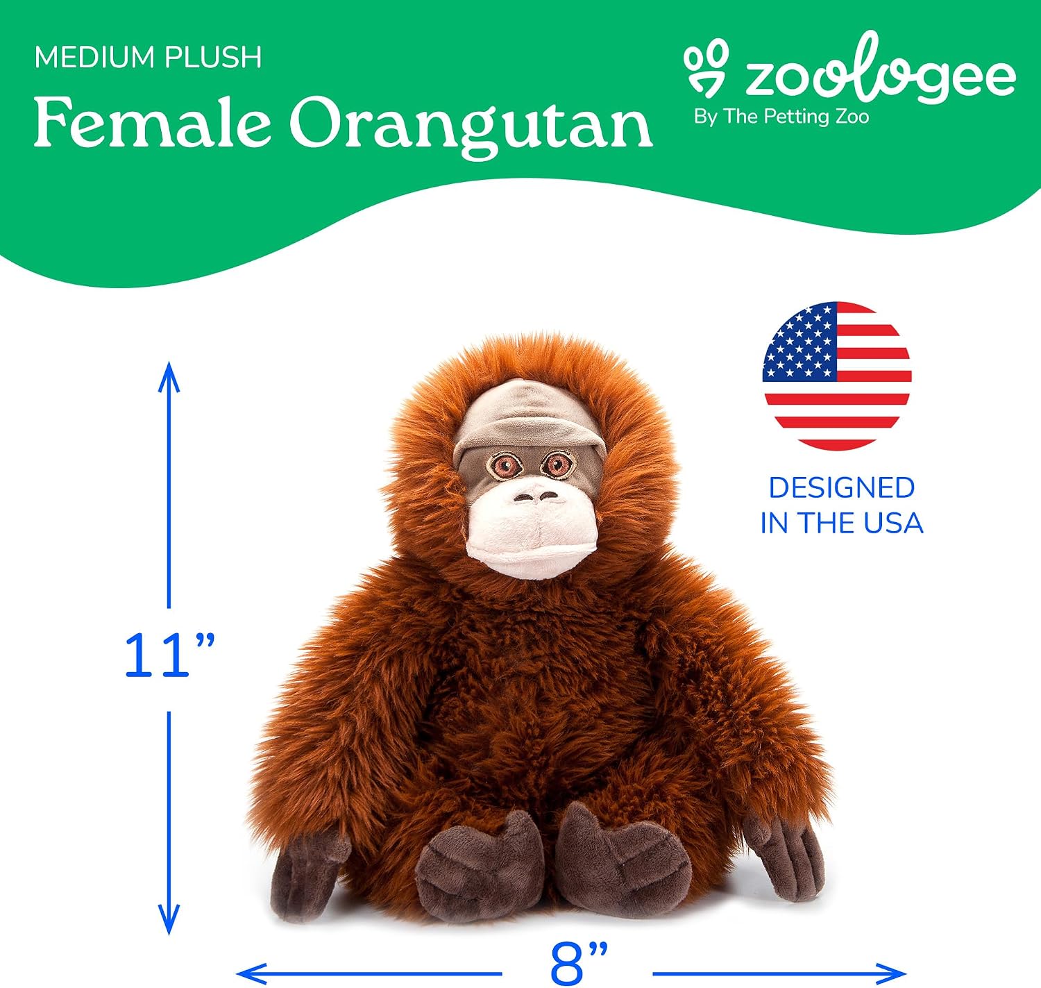The Petting Zoo Female Orangutan Stuffed Animal Plushie, Gifts for Kids, Earth Keeperz Wildlife Animals, Zoologee Female Orangutan Plush Toy, 11 inches