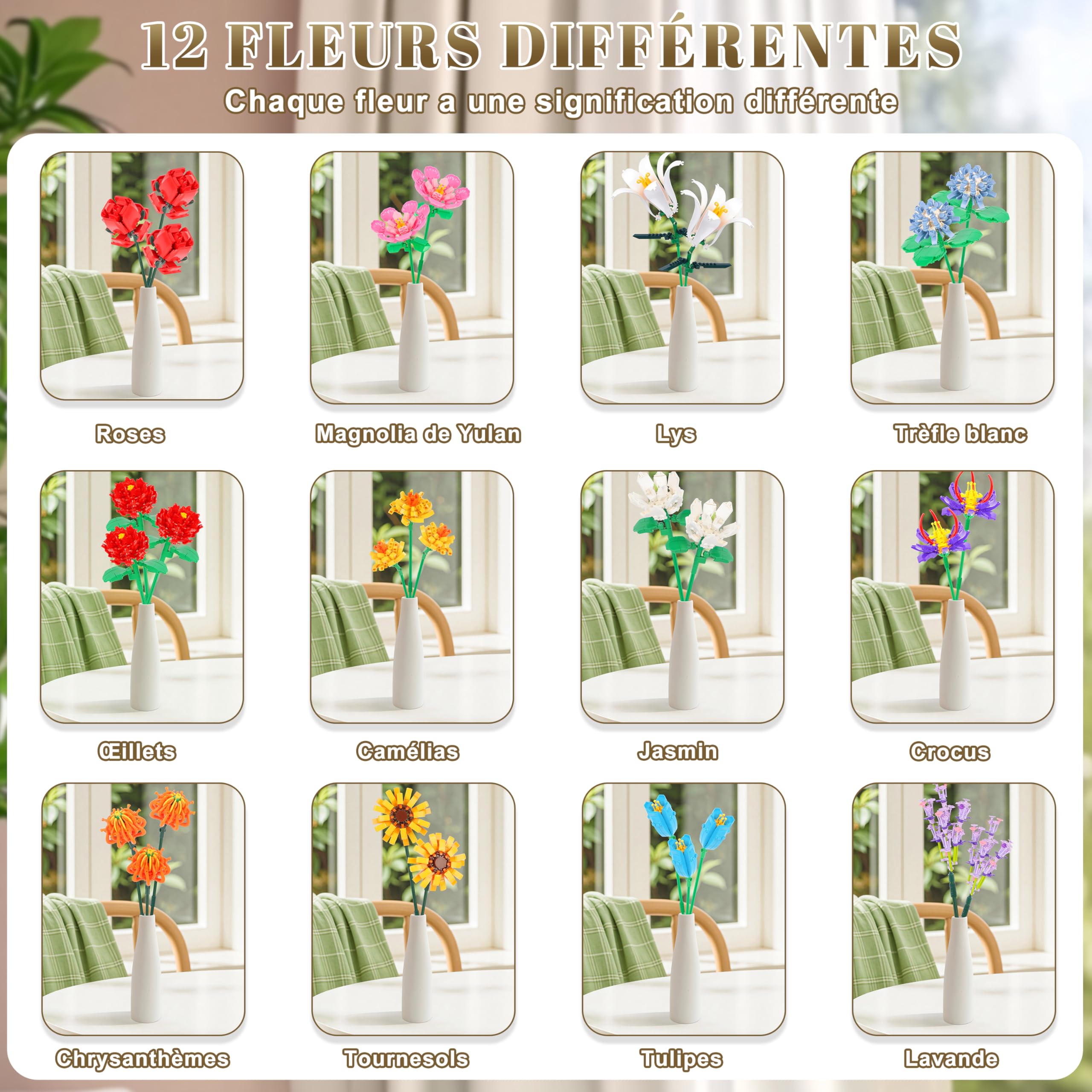 Kit de Construction Bouquet de Fleurs Charmofun, 1064PCS LED Blocs de Fleurs, 12 Types de Bouquets, Cadeau Fête des Mères Anniversaire Noël