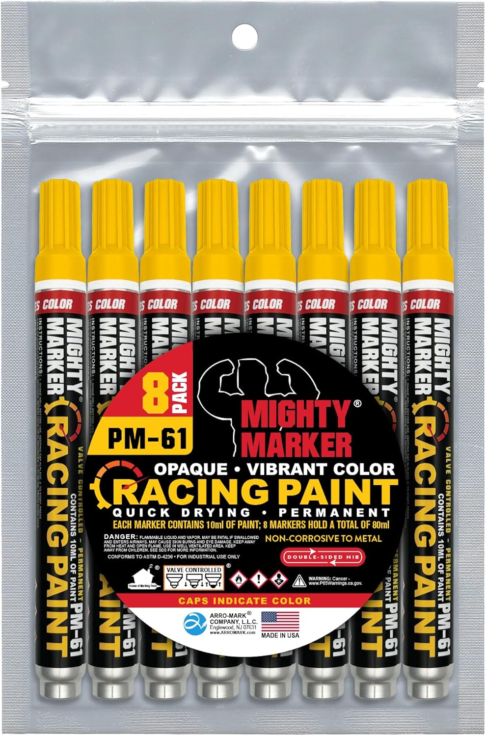 PM-61 Racing Marker, Oil-Based Paint Marker, Highly Permanent, Super Opaque, Quick-Drying, Fade & Abrasion Resistant, Marks on All Surfaces, 10ml Paint, Made in USA - Yellow 8 Pack