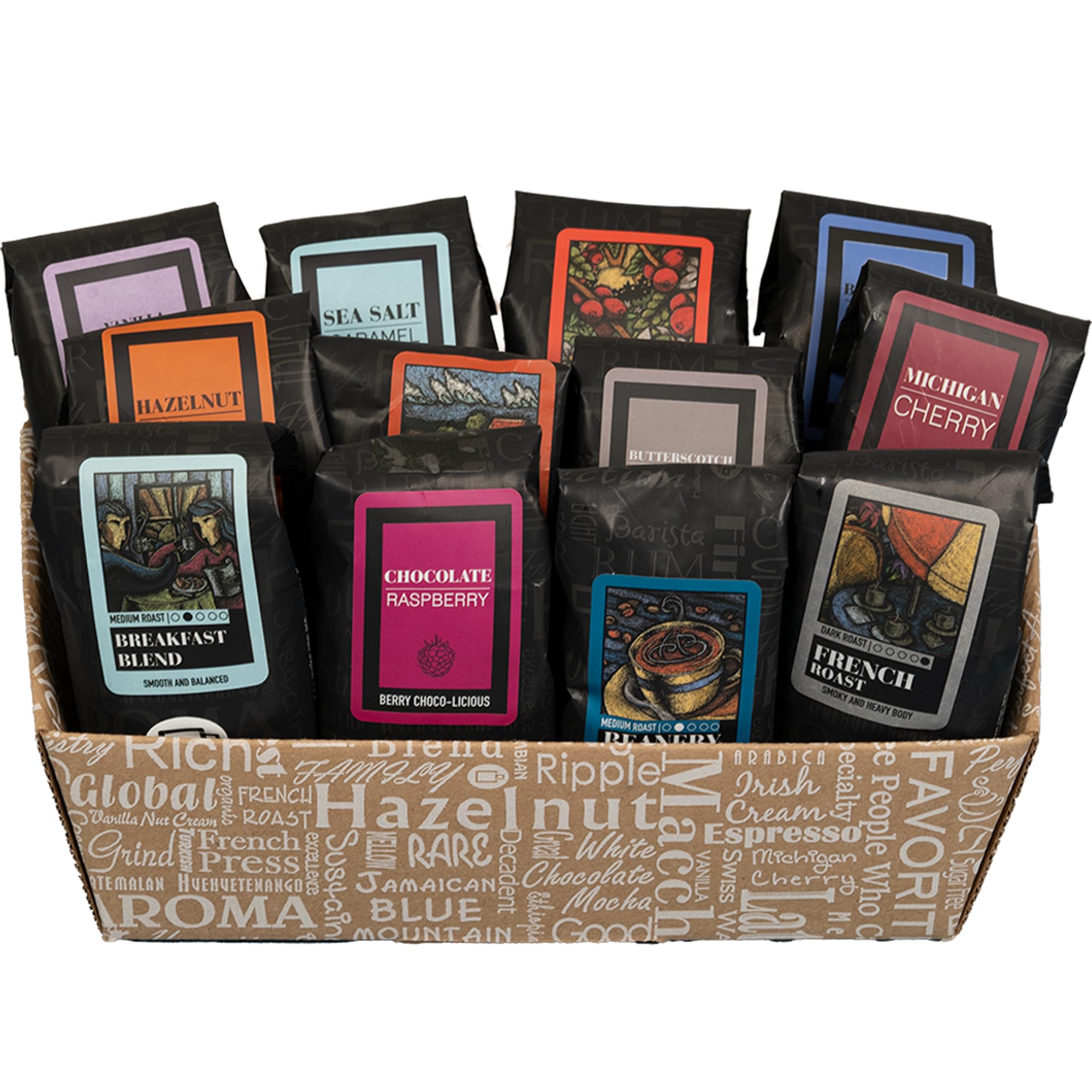 Indulgent Coffee Selection Gift Box | 100% Specialty Arabica Coffee | 12 Sample Bags of Medium Roast Ground Coffee
