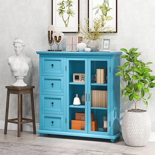 Miniatura 2 de Giantex Aparador de buffet con almacenamiento, armario de despensa de cocina con 2 puertas, 4 cajones, estante ajustable, armario independiente para