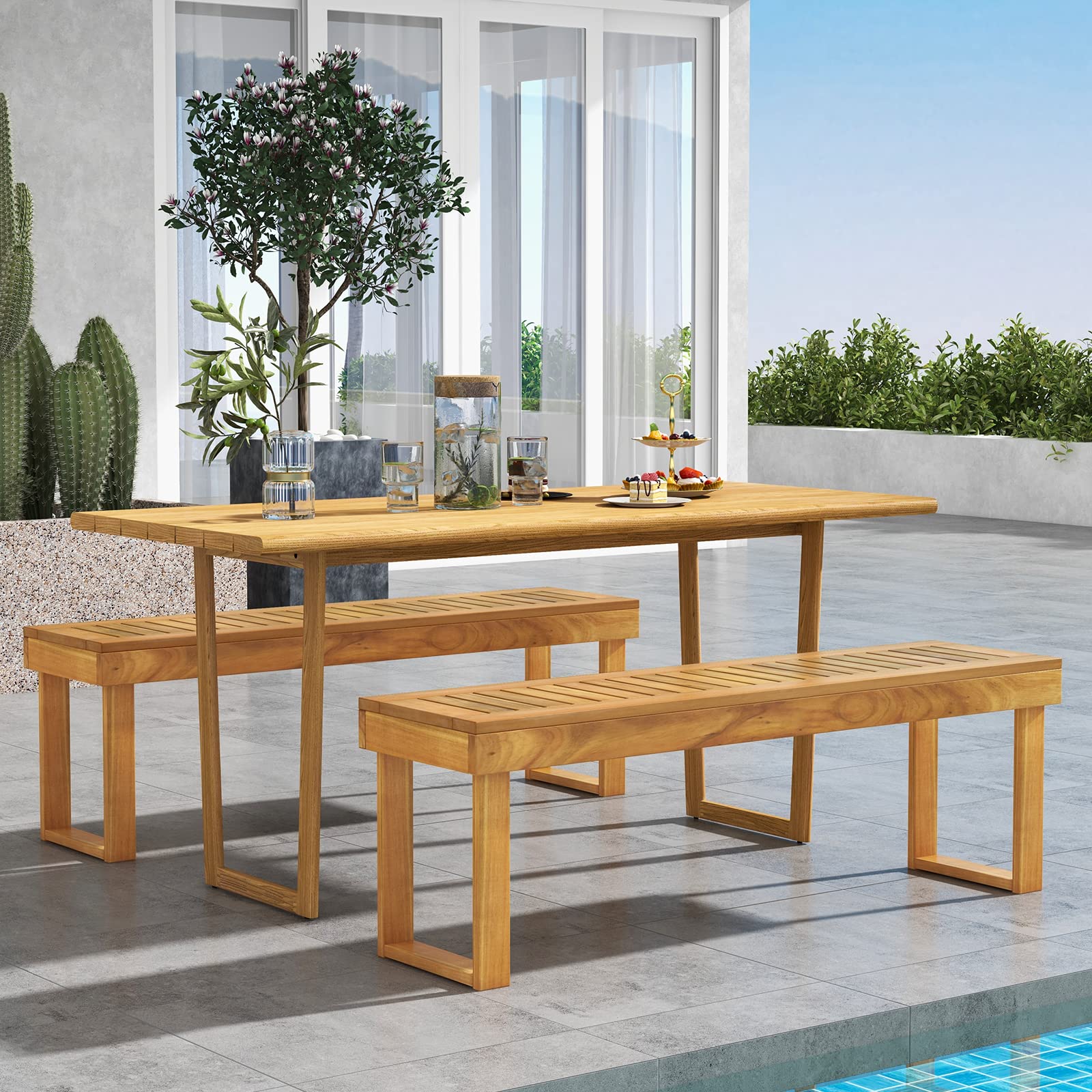 GIANTEX Panchina da Giardino a 3 Posti in Legno Massiccio | Panca Panchetta per Esterno e Interno, Portata Fino a 360 kg, per Giardino, Balcone e Sala da Pranzo