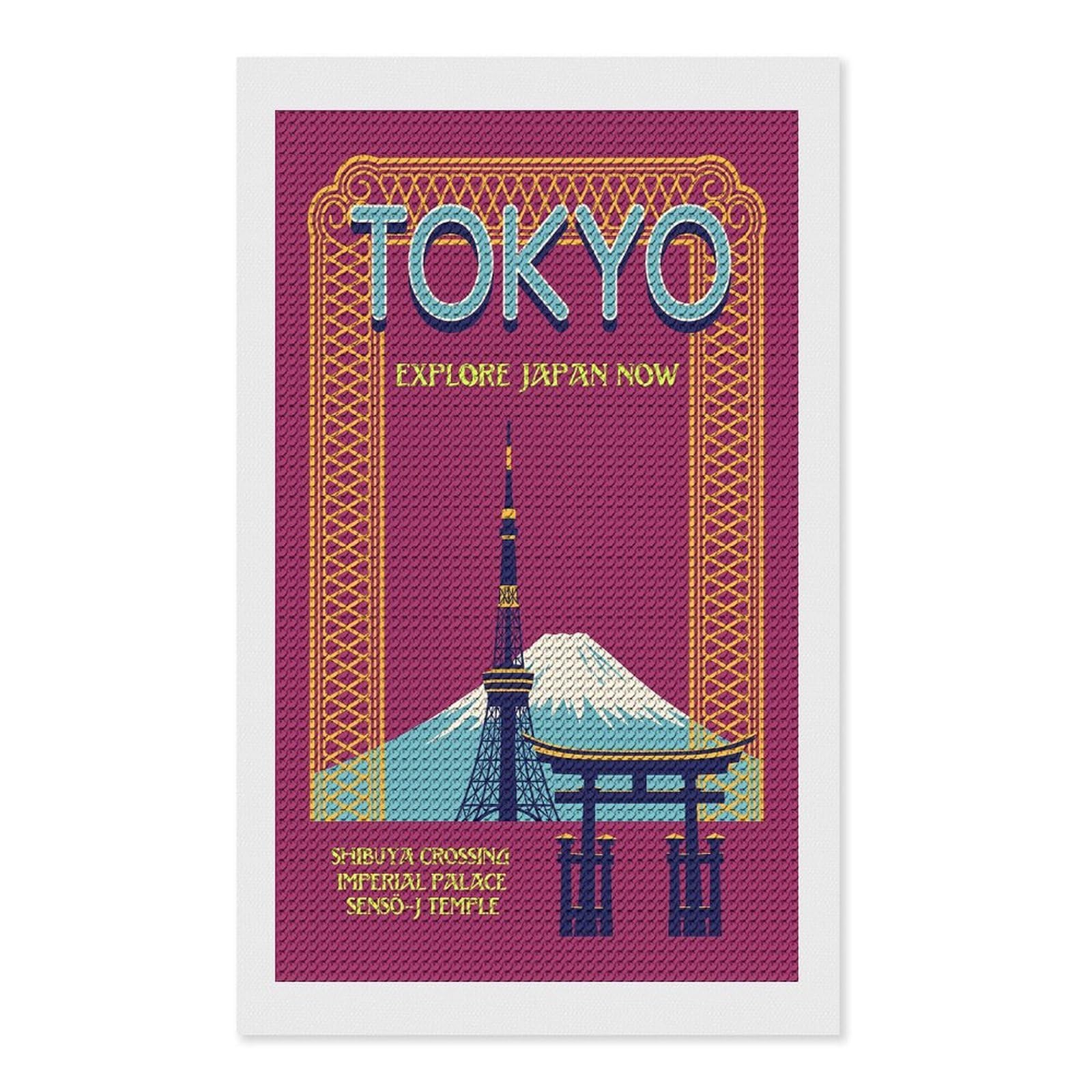 Junmoney Tokyo Crystal Diamond Art Kit 12"x20", Round Gems, Detailed Printed Canvas, Creative Gift Idea, Vintage Style Decor