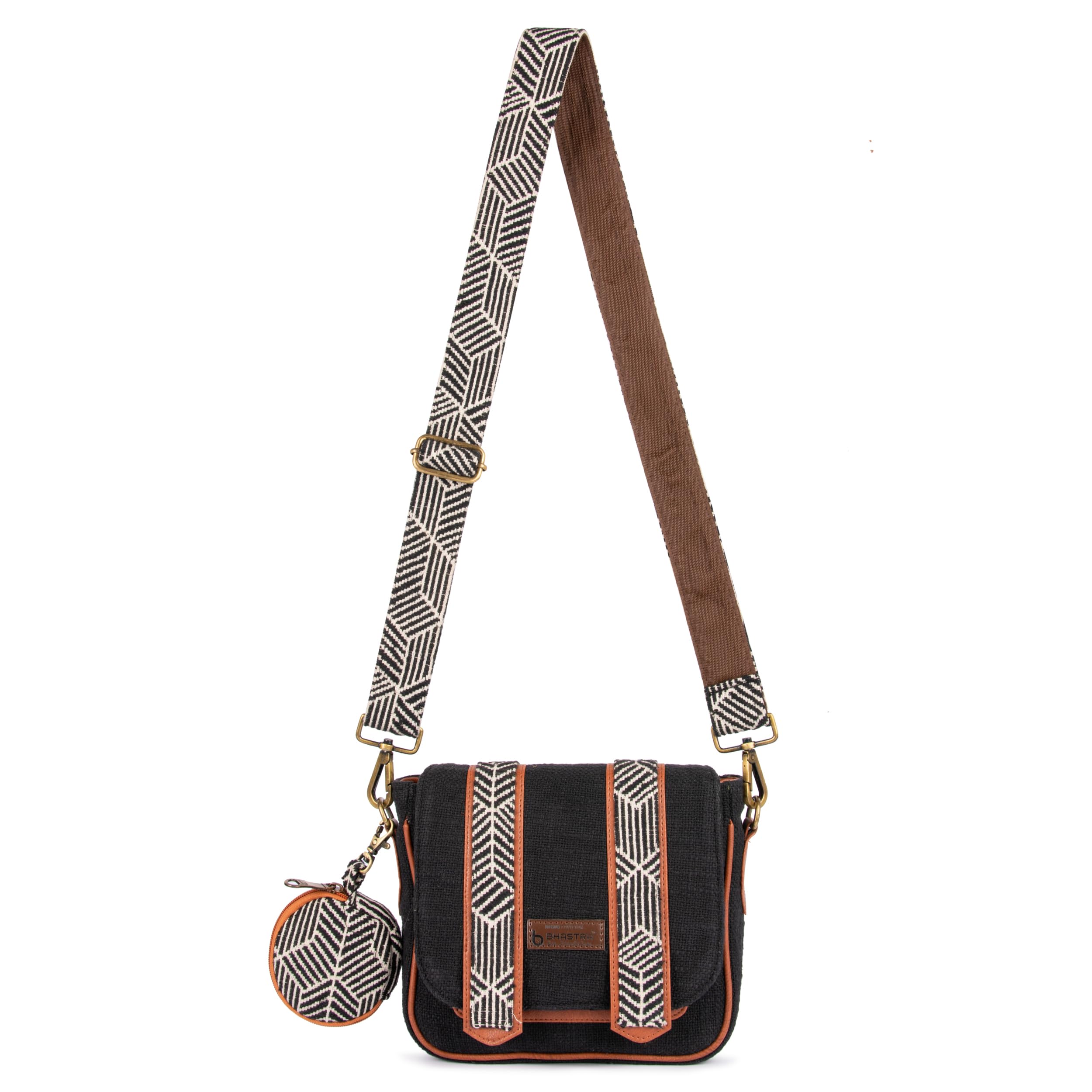 Black Saddle Handloom Sling Bag with Dual Compartments & Jacquard Adjustable Detachable Strap | Compact Sling Bag with Front Pocket, Back Zip & Coin Pouch – Handloom Fabric Design-image-37