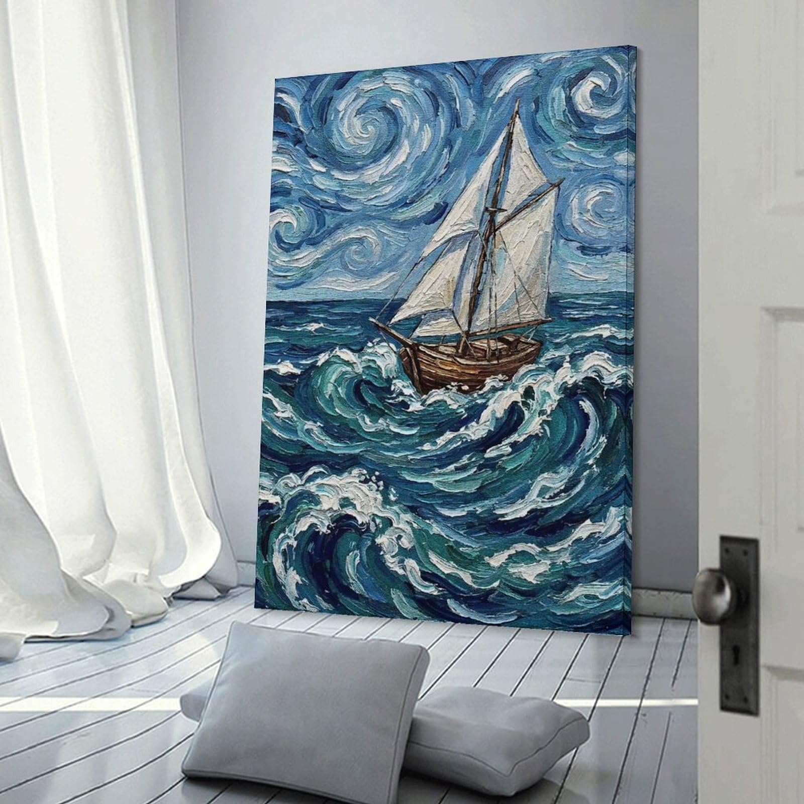 Junmoney Wall Art Print Sailboat on A Stormy Sea Painting, 20x30inch(50x75cm), for Hallway, Bedroom Or Modern Interiors, Thoughtful Wall Decor for Art Lovers