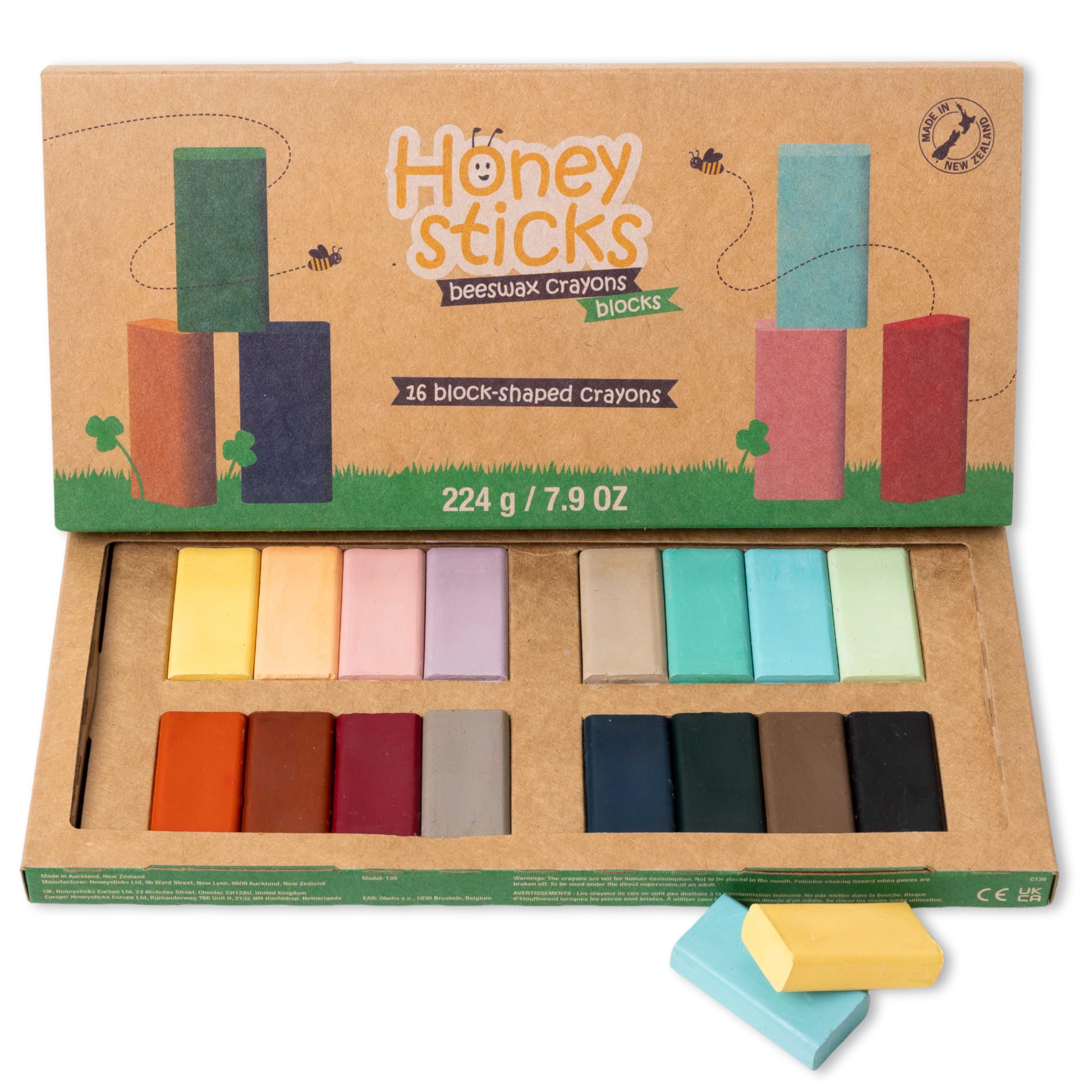 Honeysticks Block Crayons (16 Pack), Non Toxic Crayons for Kids, Toddlers, Made from Pure Beeswax and Food-Grade Colors, Long Lasting Jumbo Crayons for Drawing, Coloring, Preschool Art Supplies