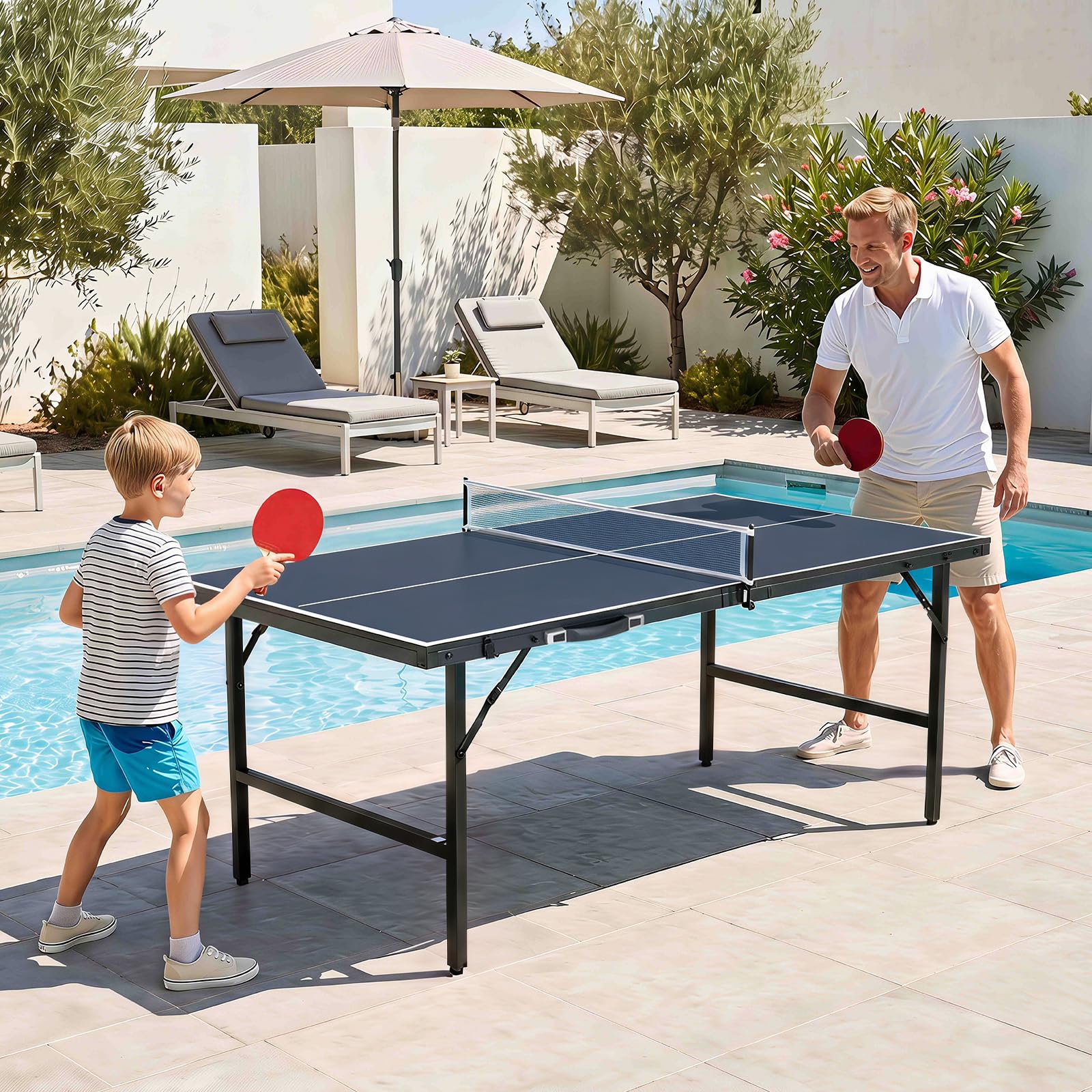 COSTWAY Tavolo da Ping Pong Pieghevole da Esterno ed Interno | Tavolo da Tennis Portatile con Rete, 2 Racchette, Palline e Maniglia, Set Giochi di Ping Pong Salvaspazio per Famiglie
