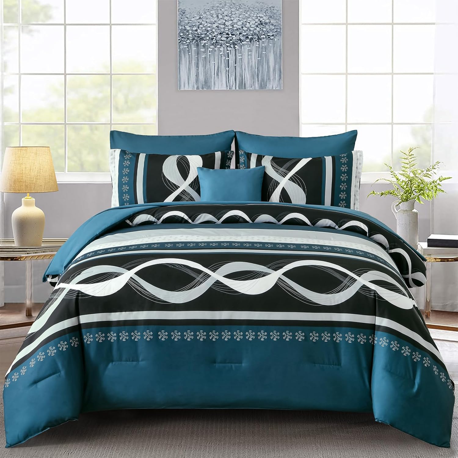 Anibedding Comforter Set Queen Size, 8 Piece Teal Boho Bed in a Bag, Striped Patchwork Comforter Bedding Set for All Season(90"×90")