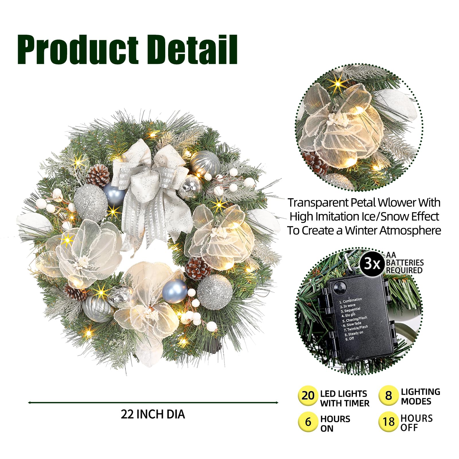 Couronne de Noël lumineuse pour porte d'entrée avec 20 lumières LED, couronne de Noël pré-éclairée de 55,9 cm avec grande fleur et boule d'ornement, décoration de porche d'hiver, décorations de Noël