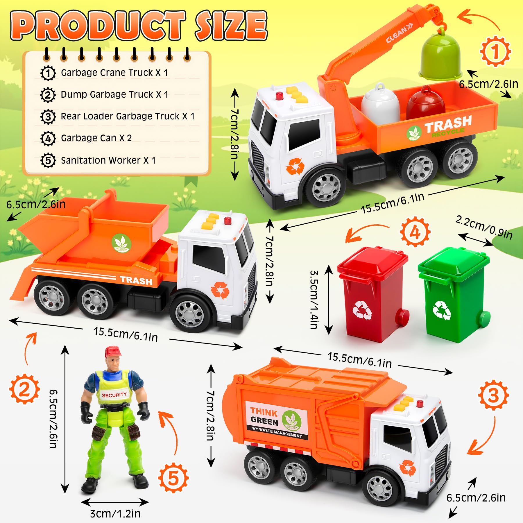 BunnyJOY Müllauto Spielzeug Set für Kinder ab 3 Jahre, LKW mit Licht & Sound, Friktion Müllwagen, Kranwagen, Müllkipper & Hecklader inkl. Mülltonnen & Figur, Lernspielzeug Geschenk