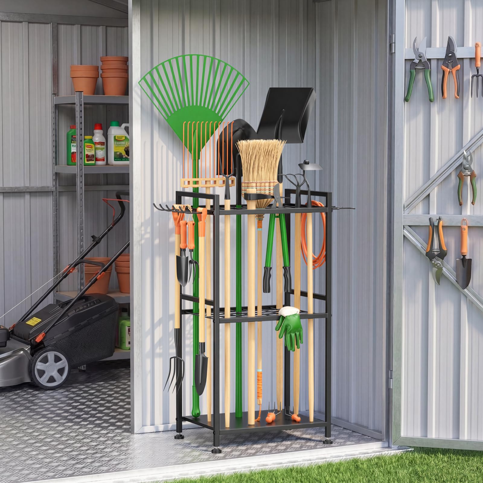 WELDUN Organizer da giardino per garage, supporto per 40 attrezzi a manico lungo, gestione del garage con ganci per capannone, scopa, rastrello, pala, tubo da giardino