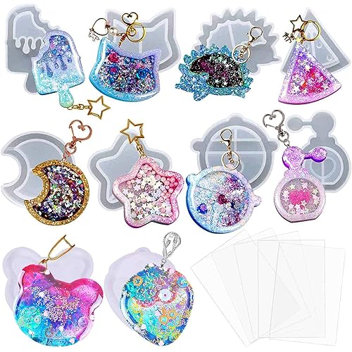 Larcenciel 15pcs Resin Casting Shaker Molds Set, 10pcs Epoxy Quicksand Silicone Molds with 5pcs PVC Sheets, Resin Shaker Mold for Pendant Jewelry Keychain Decoration Craft Making DIY