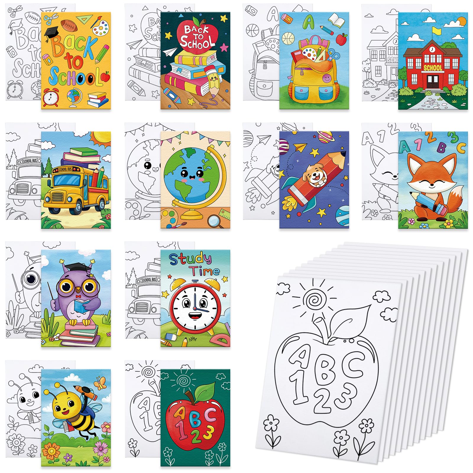 Anseal 12 Packs Pre Drawn Canvas to Paint, Back to School Pre Printed Canvas for Kids, Pre Stretched Canvas Outline Painting Boards for Beginners,