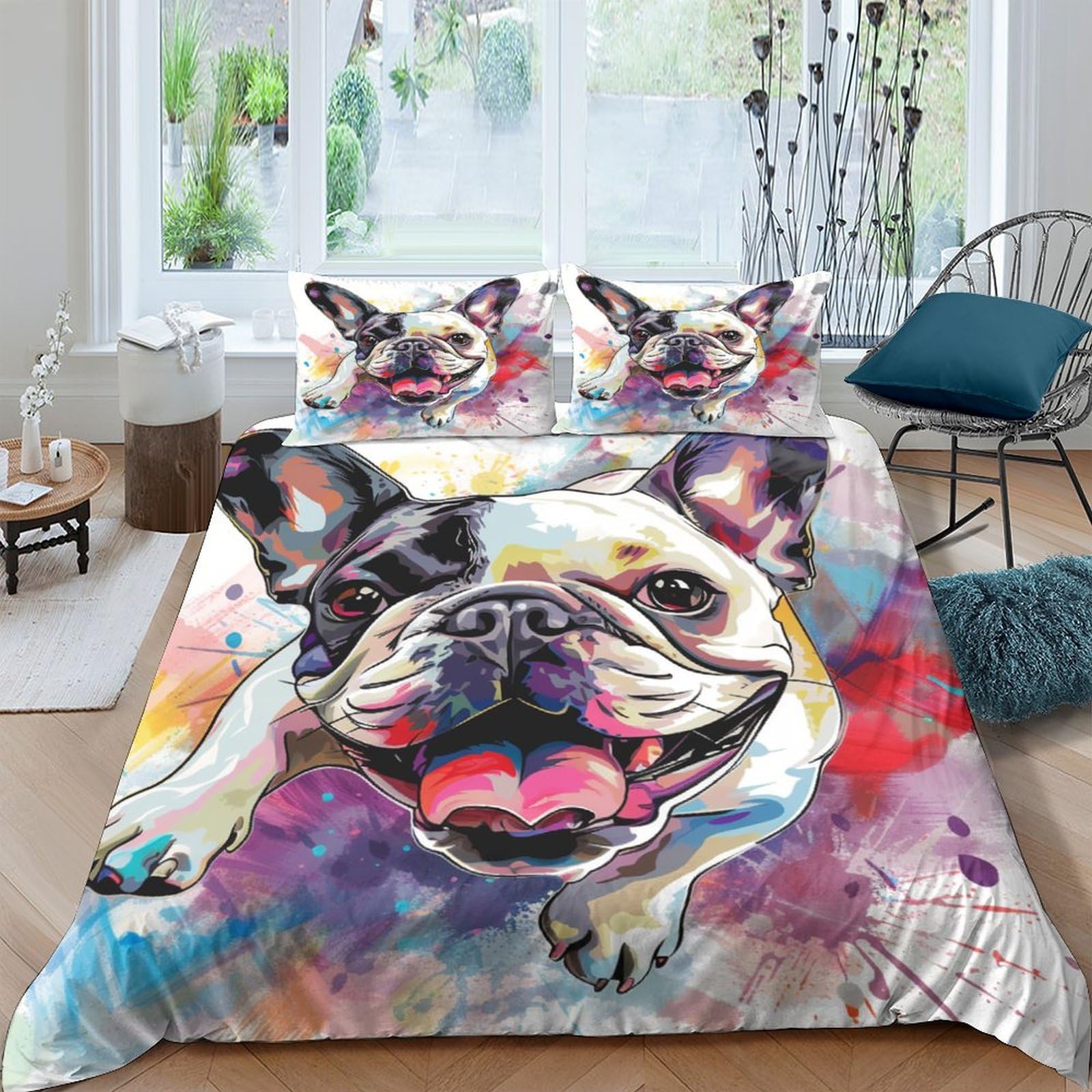Stampato in 3D Bulldog francese Copertina Stampata Microfibra Disegnata Biancheria Da Letto Stile Morbido Con 2 Federe,Double（200x200cm）, Per Ragazzi Adulti