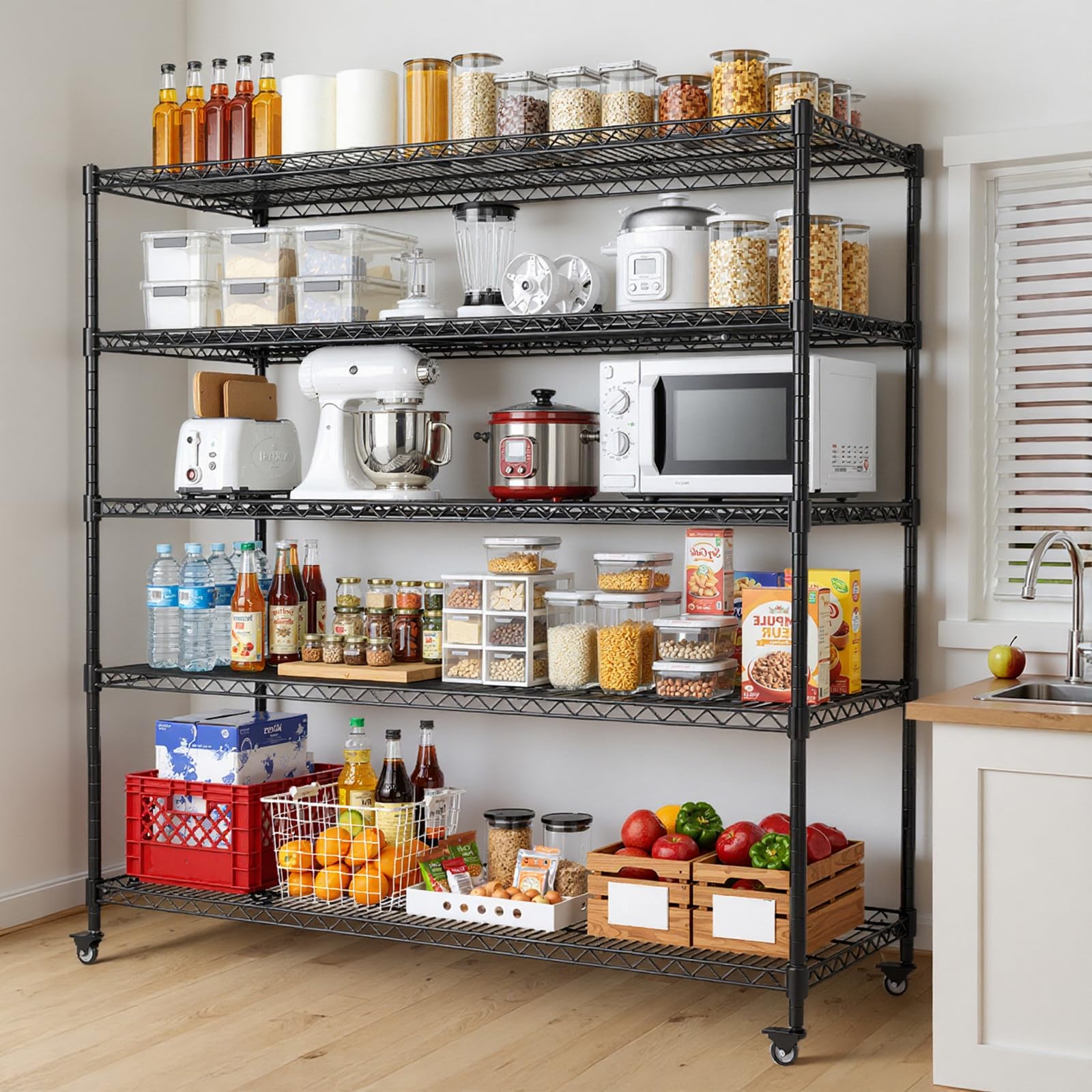 Estantería Metálica de 5 Niveles con Ruedas,Estantería de Almacenamiento con Pies Niveladores Ajustables,Estantería de Almacenamiento con Gancho Para Baño,Cocina,Garaje,Dormitorio,Carga Máxima 800 kg