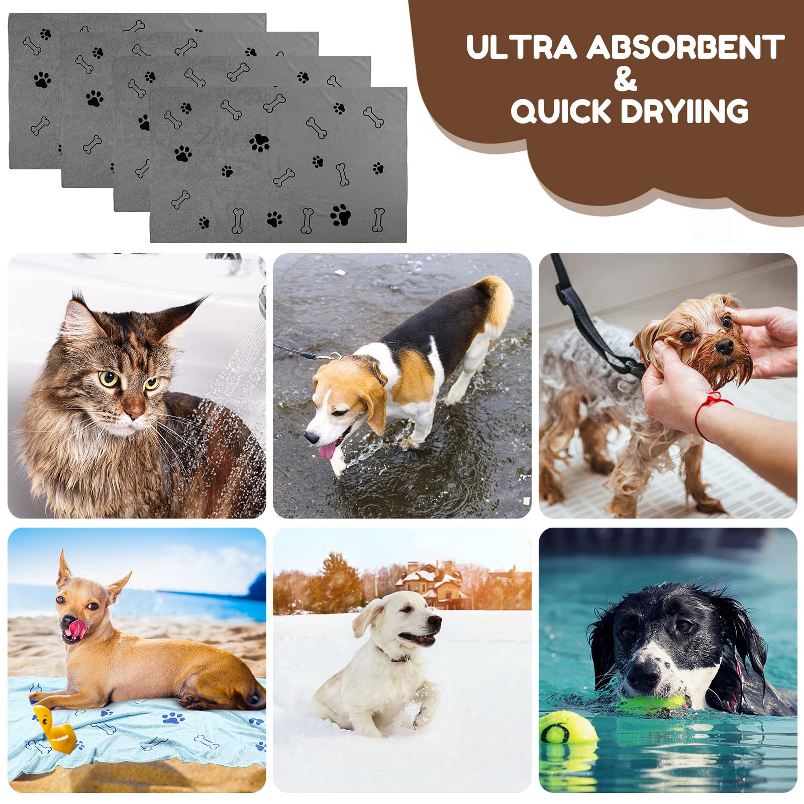 Chumia Lot de 4 serviettes en microfibre absorbantes pour chien et chiot - Fournitures de bain à séchage rapide pour chats et animaux domestiques de taille moyenne (140 x 71 cm, gris)