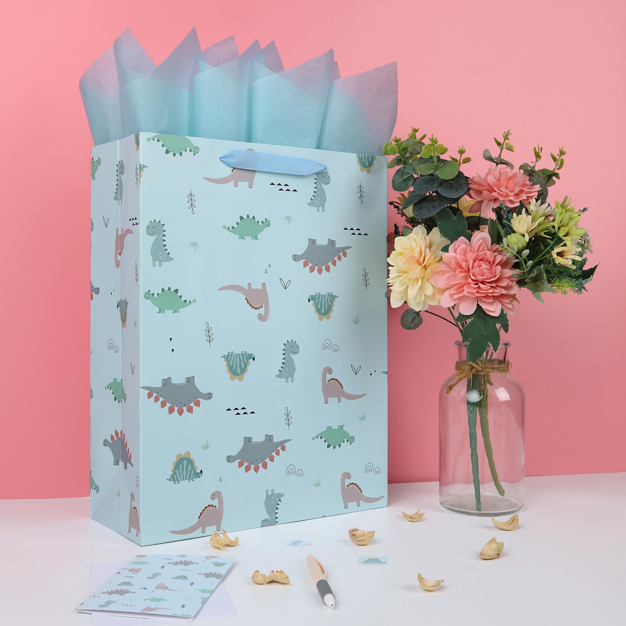 Qirrmiy 16.5'' Extra Large Dinosaur Gift Bag Set with Handles, Greeting Card, Blue Tissue Papers and Stickers for Boys Kids Teens for Birthday, Baby Shower, Baby Boy, Dinosaur-themed Design, 1 Pcs