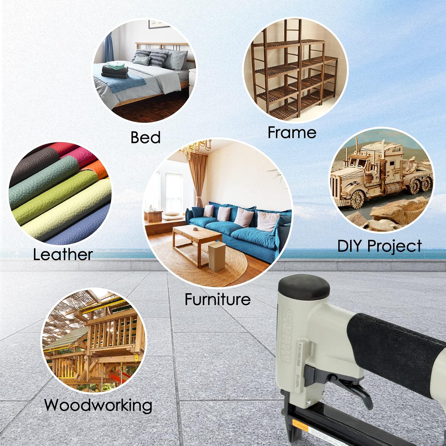 Woodpecker N8016 21 Gauge Pneumatic Upholstery Staple Gun 1/2-Inch Crown Air Power Fine Wire Staple Gun, 1/4-Inch to 5/8-Inch Leg Length Bundle with 10,000pcs Staples