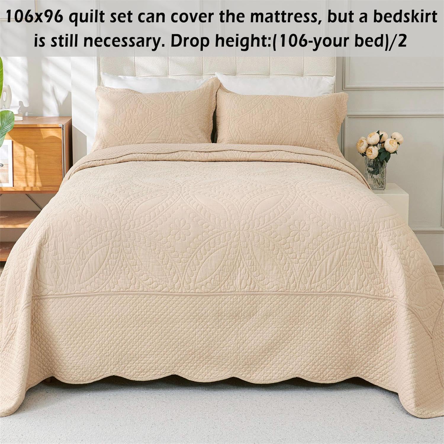 Cmfshape 100% Cotton Quilt King Size-Beige Bedspread 106"x96"-Coin Pattern Bedding Set 3 Pieces-Pre-Washed Lightweight Microfiber Coverlet-Suitable for Bed,Couch,Quilt Blanket All Seasons