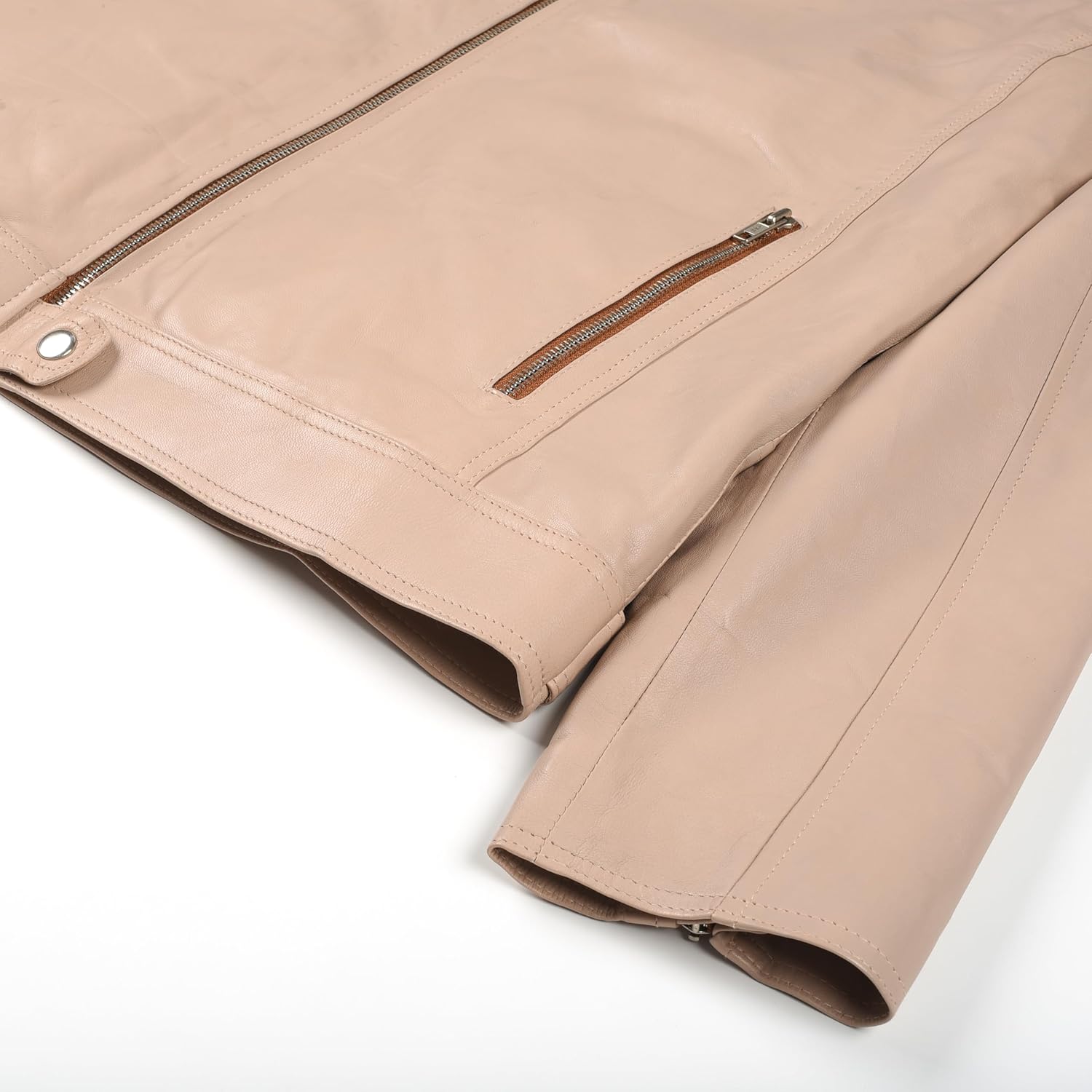 Men's Vintage Style Slim Fit Center Zip-Up Motorcycle Biker Leather Jacket in Beige Color, Premium Quality - Image 7