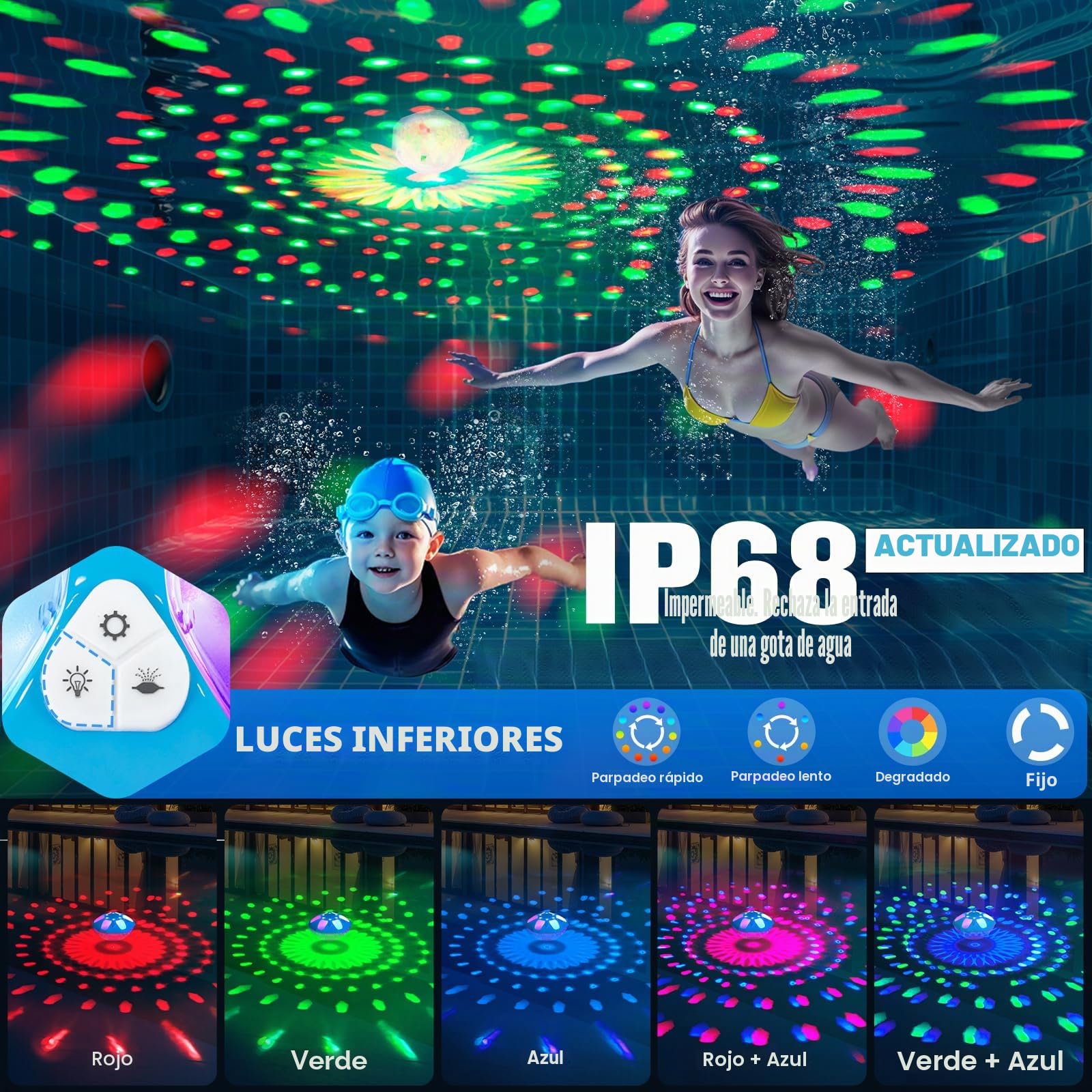 KingSom 2026 Última Fuente Flotante Piscina con iluminación LED Alta y Baja, Fuente de Piscina Recargable con Botón, 2 Modos de Chorro y 12 Modos de Luz,Impermeable IP68 Fuente para Piscinas con Ancla