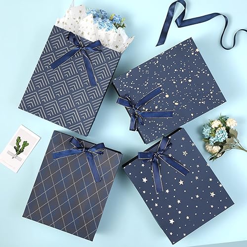 Miniatura 2 de Paquete de 4 Bolsas de Regalo Grandes de 13" Surtidas Premium Azules con Papel de Seda para Cumpleaños, Baby Shower, Bodas, Obsequios de Fiesta,